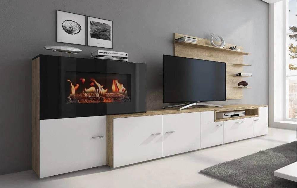 Skraut Home - Mobile da Soggiorno con Camino Elettrico a 5 Livelli di Fiamme, Colore Rovere Chiaro Spazzolato e Bianco Opaco, 290x170x45 cm