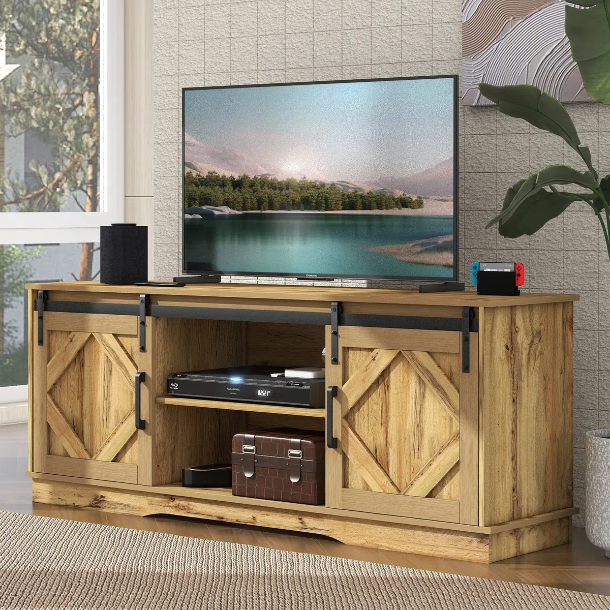 Grande mobile per TV, 150 x 40 x 60 cm, con 2 classiche ante scorrevoli, scaffali regolabili per soggiorno, sala da pranzo, casa di campagna, design moderno (marrone)