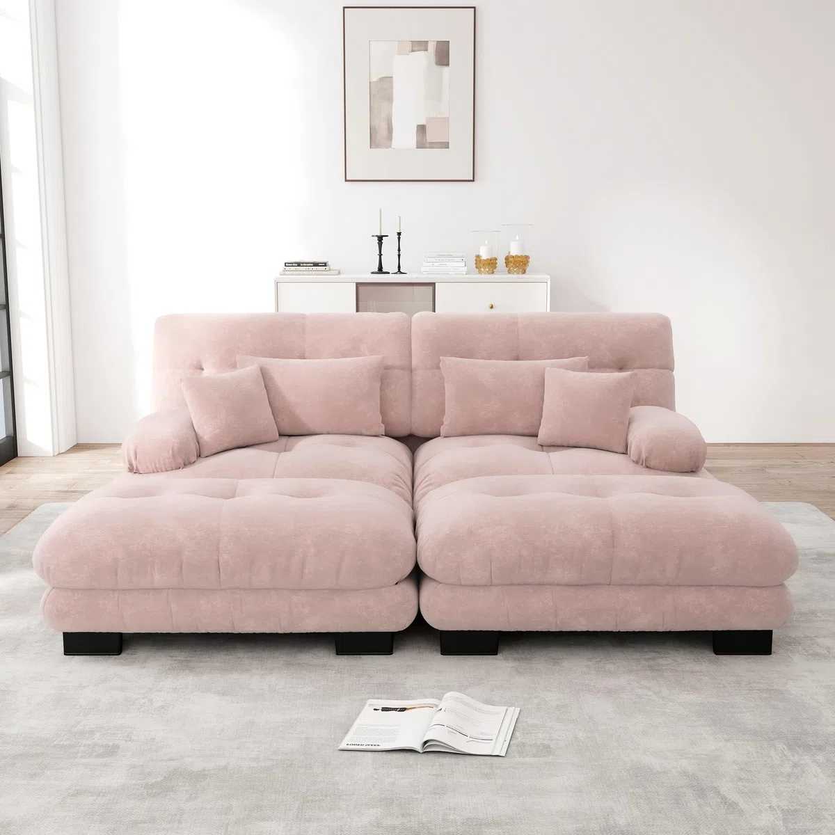 Cloud Divano angolare in ciniglia, 2 cuscini lombari, 2 cuscini decorativi, divano imbottito con braccioli larghi, 2 ottomani ciniglia rosa per soggiorno