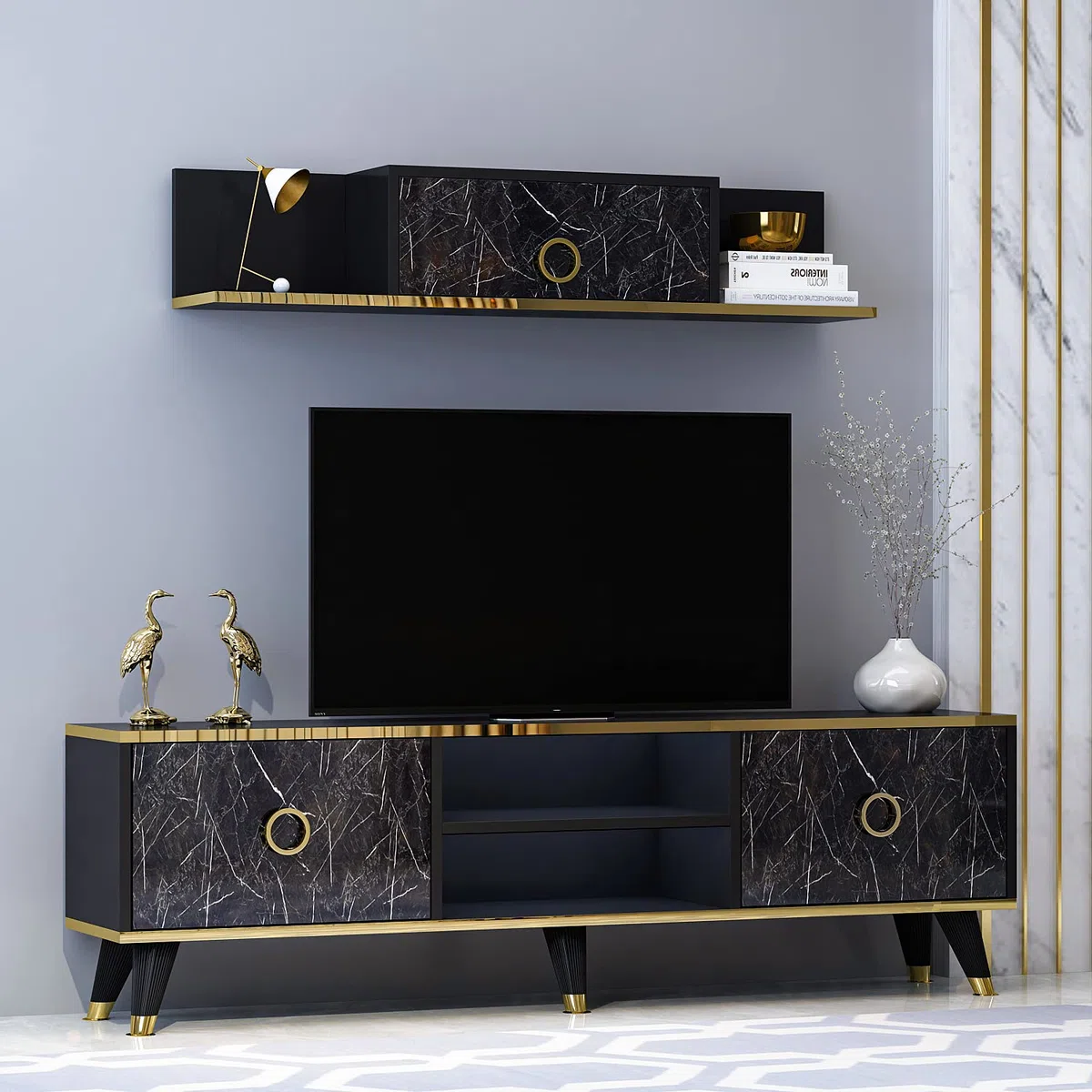 HOMIDEA SOPHIA Set Soggiorno - Parete Attrezzata - Mobile TV Porta con 2 Armadietti per Salotto con mensola da muro in Moderno Design (Nero)
