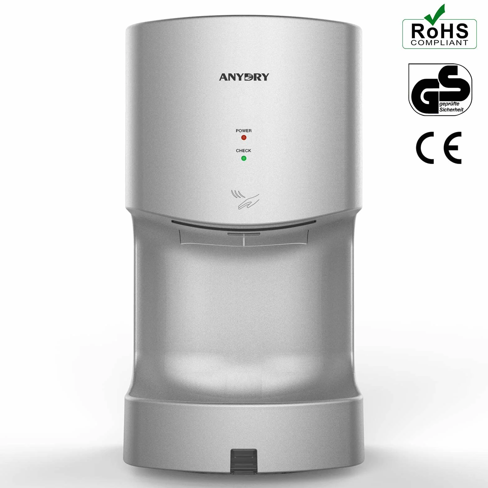 anydry 2630T Professionale Asciugamani ad Aria, a Parete,Automatico Asciugamani Elettrico da Bagno,con vaschetta raccogli Gocce,ABS,1400-1650W.(Argento)