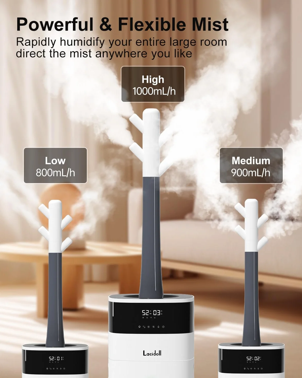 Umidificatore grande stanza, 5,3 Gal/20L Umidificatori a nebbia fredda e calda per la casa 3000 piedi quadrati, umidificatori per tutta la casa con diffusore e tubo esteso, umidificatori di