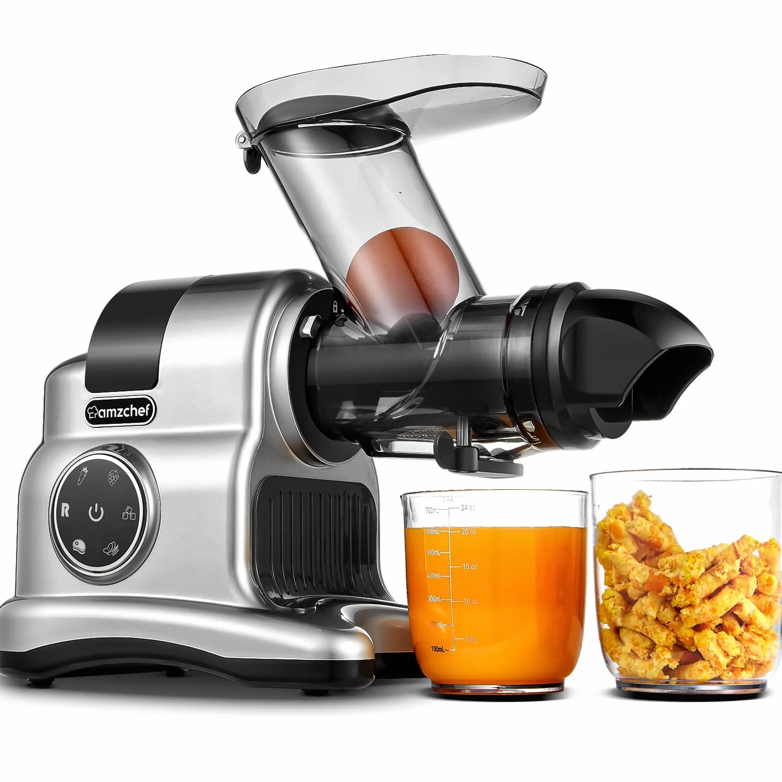 AMZCHEF Estrattore Frutta e Verdura - 80MM Grande Apertura per Frutta Intera - Estrattore Frutta e Verdura Professionale con Modalità a 2 Velocità e Funzione Inversa - Argento