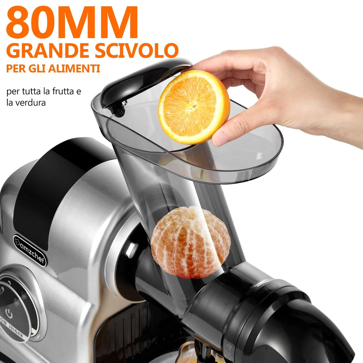 AMZCHEF Estrattore Frutta e Verdura - 80MM Grande Apertura per Frutta Intera - Estrattore Frutta e Verdura Professionale con Modalità a 2 Velocità e Funzione Inversa - Argento