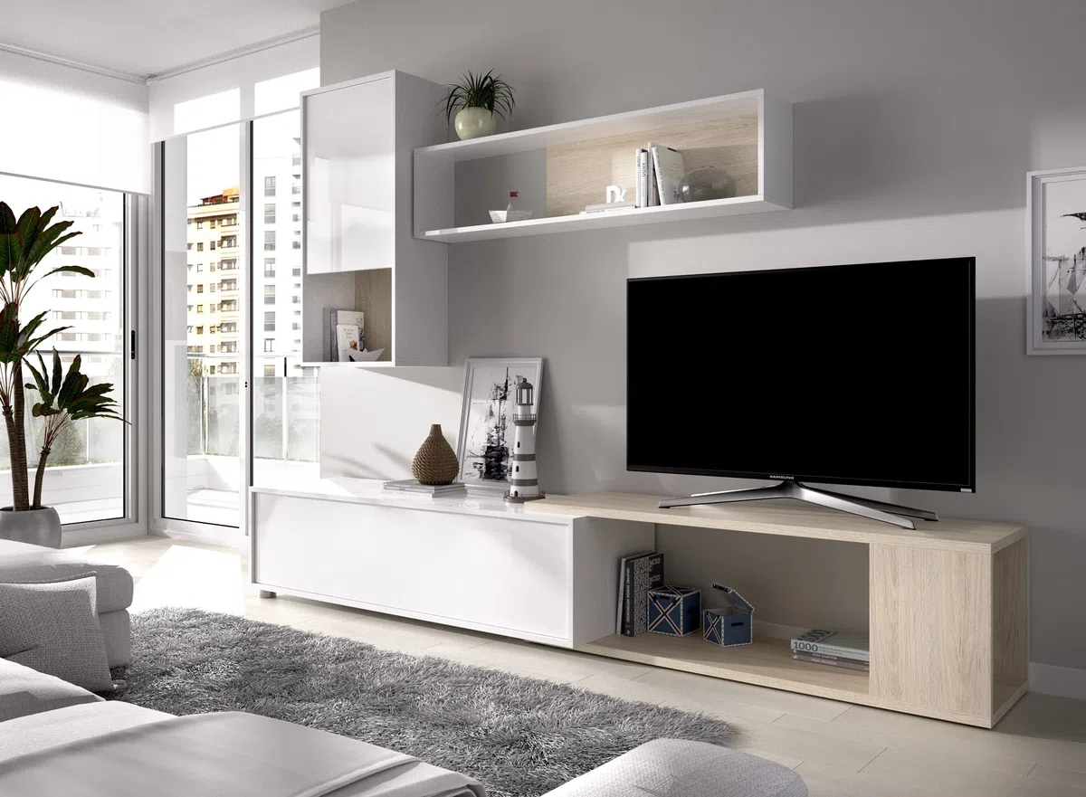 Parete attrezzata porta Tv 230 cm Luna Bianco lucido e Rovere Naturale - Bianco e Naturale