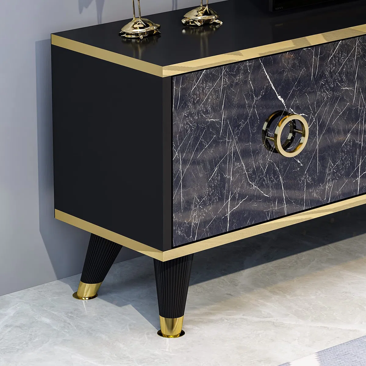 HOMIDEA SOPHIA Set Soggiorno - Parete Attrezzata - Mobile TV Porta con 2 Armadietti per Salotto con mensola da muro in Moderno Design (Nero)