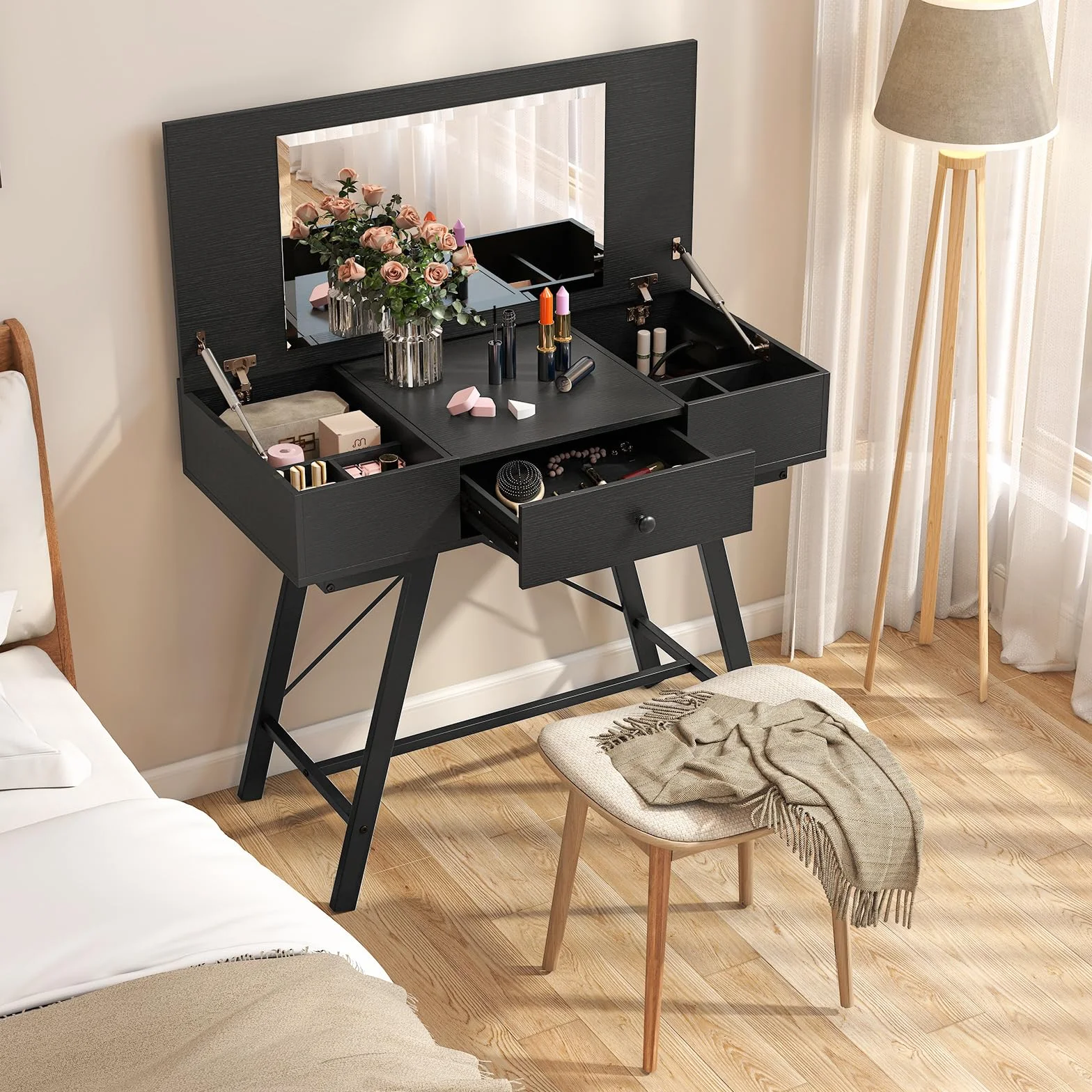 COSTWAY 2 in 1 Tavolo da Trucco Pieghevole, Tavolo da Toeleta con Specchio a Ribalta, Stazione di Ricarica, 6 Scomparti, Cassetto, Piano di Lavoro, per Soggiorno Camera da Letto (Nero)