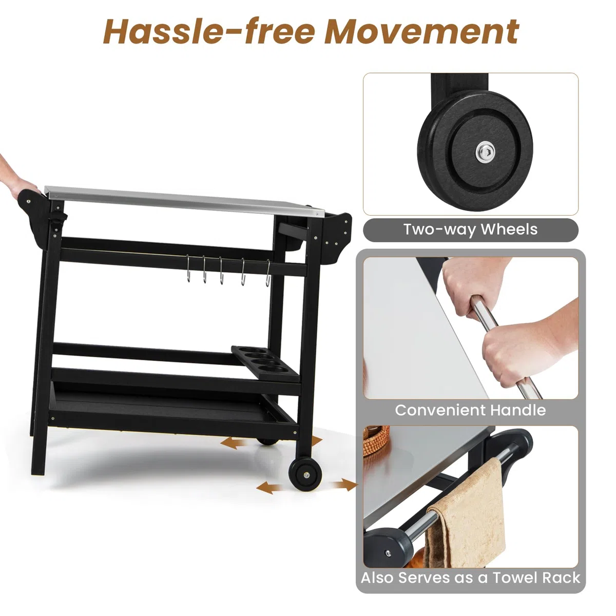 KOMFOTTEU Carrello per barbecue con piano di lavoro in acciaio inox, carrello da giardino in HDPE, carrello da portata con vassoio per spezie, scaffale per bottiglie di vino e gancio