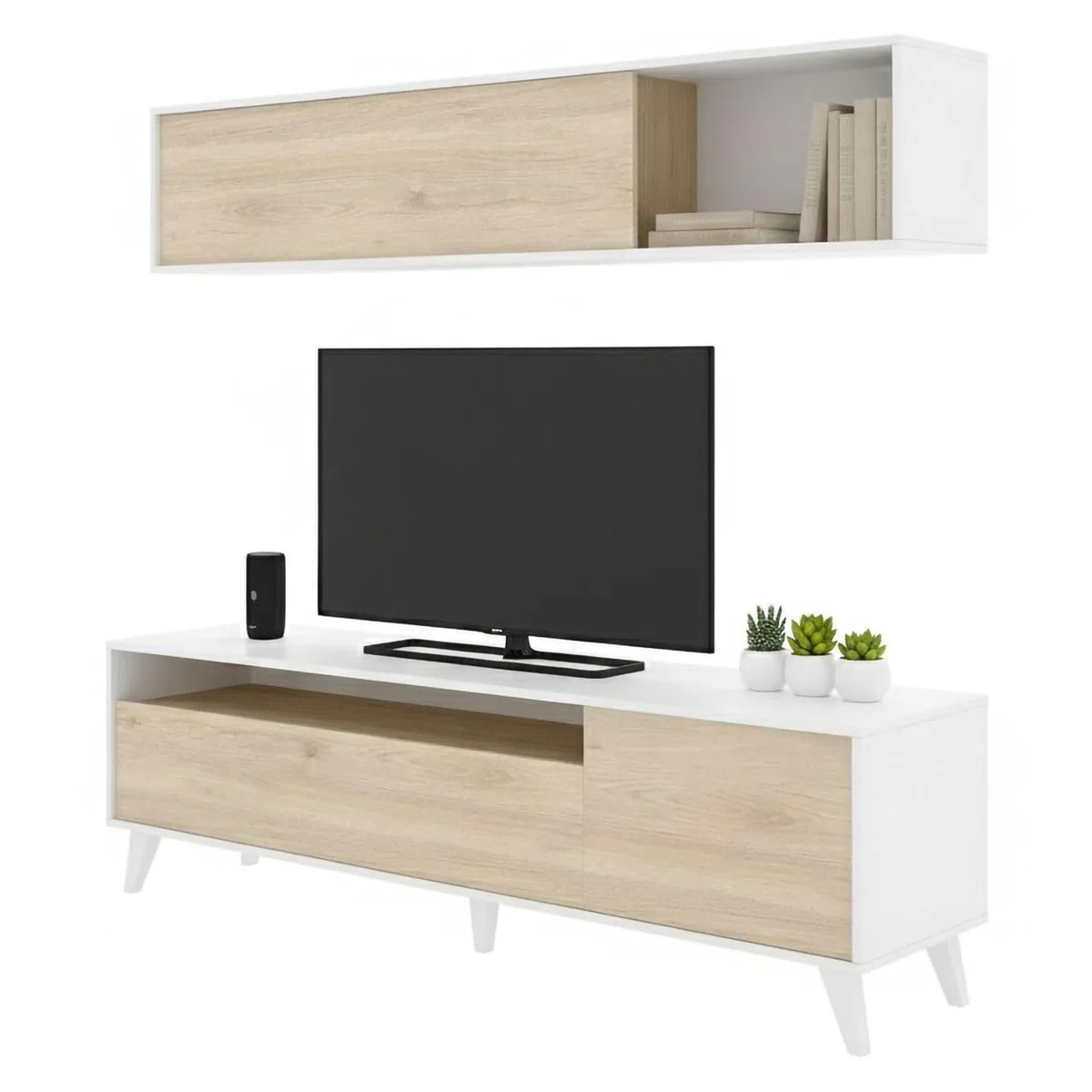 Dmora - Parete attrezzata Tambo, Composizione soggiorno, Mobile salotto multiuso, Armadio porta TV, 180x41 h180 cm, Bianco e Rovere