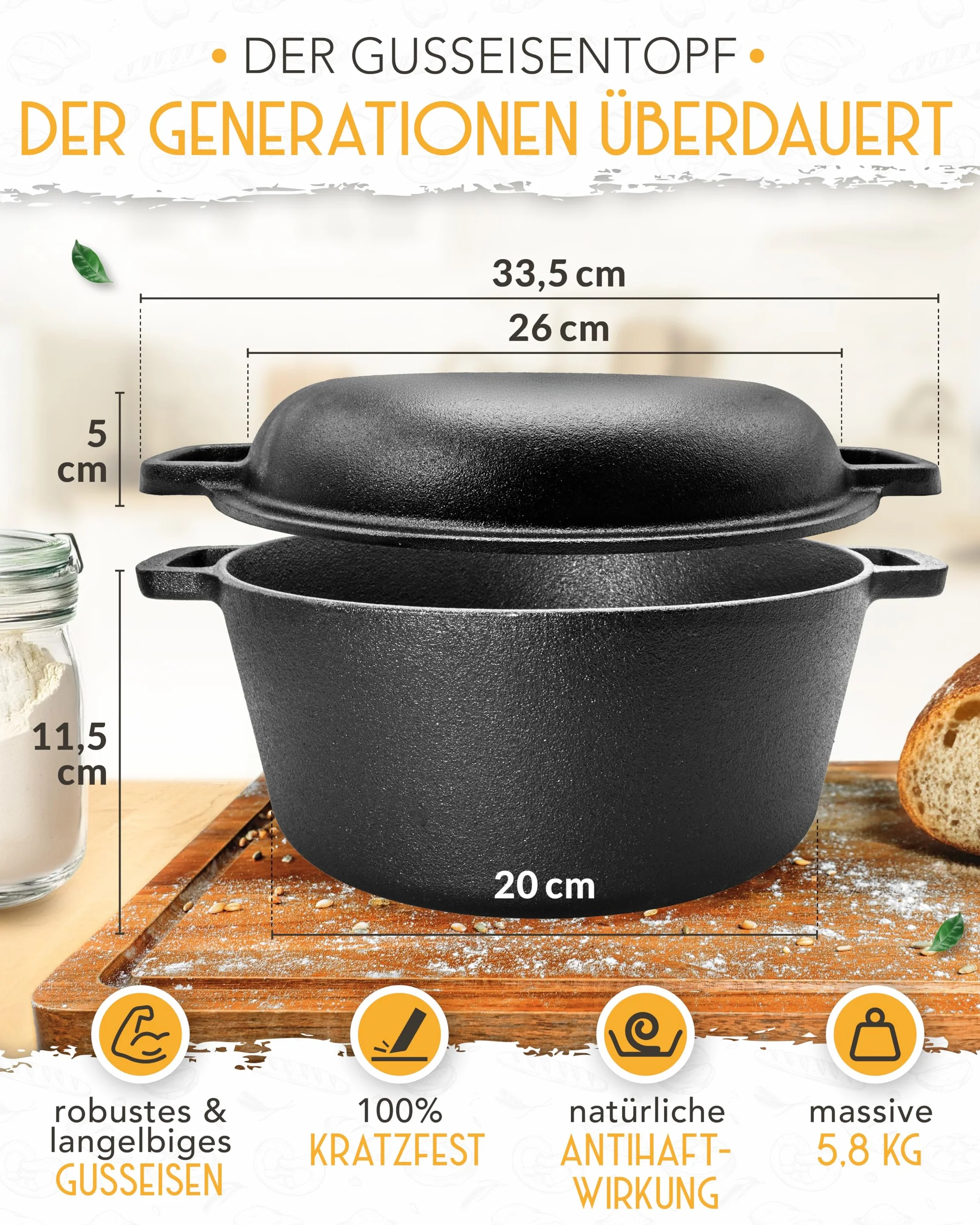 KRUSTENZAUBER Set XXL per pane in ghisa – Stampo per pane con coperchio con cestino per lievitazione, frusta, coltello da forno, raschietto per pasta, ciotola per pane e molto altro ancora – Set