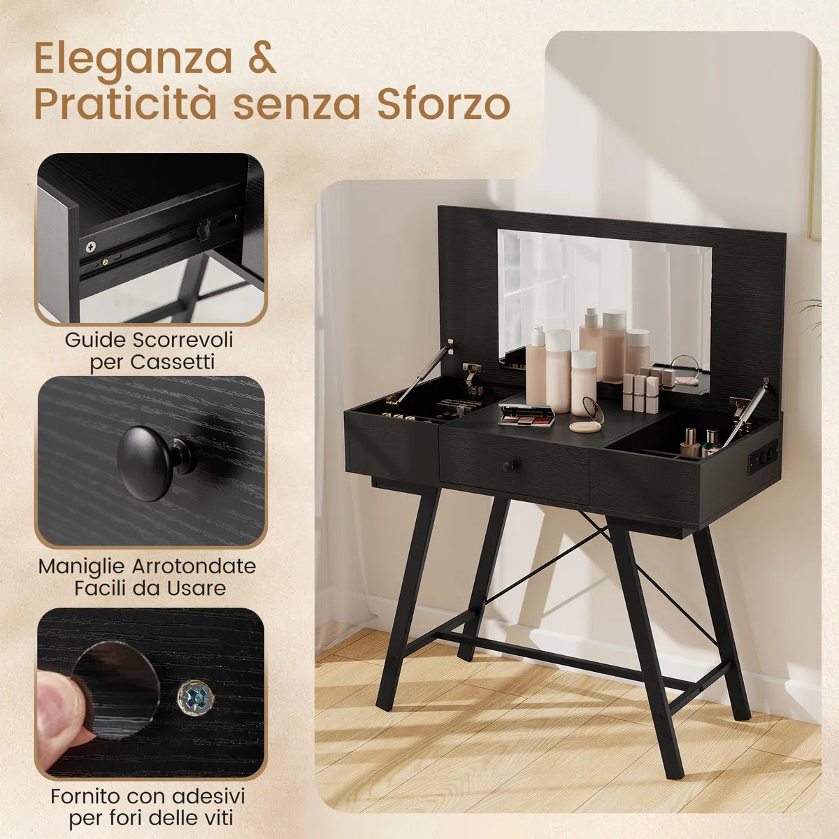 COSTWAY 2 in 1 Tavolo da Trucco Pieghevole, Tavolo da Toeleta con Specchio a Ribalta, Stazione di Ricarica, 6 Scomparti, Cassetto, Piano di Lavoro, per Soggiorno Camera da Letto (Nero)