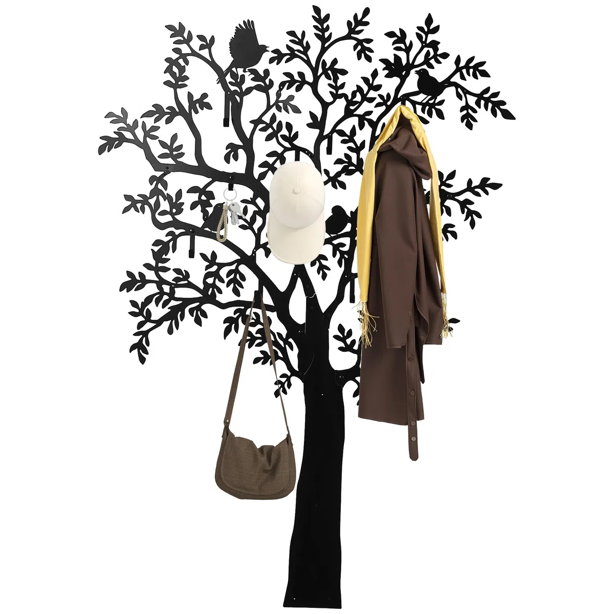 HOMCOM Appendiabiti da parete a forma di albero con 4 uccelli, con 8 ganci, decorazione da parete, per giacche, cappotti, cappelli, sciarpe, borse, 120 x 175 cm, colore nero