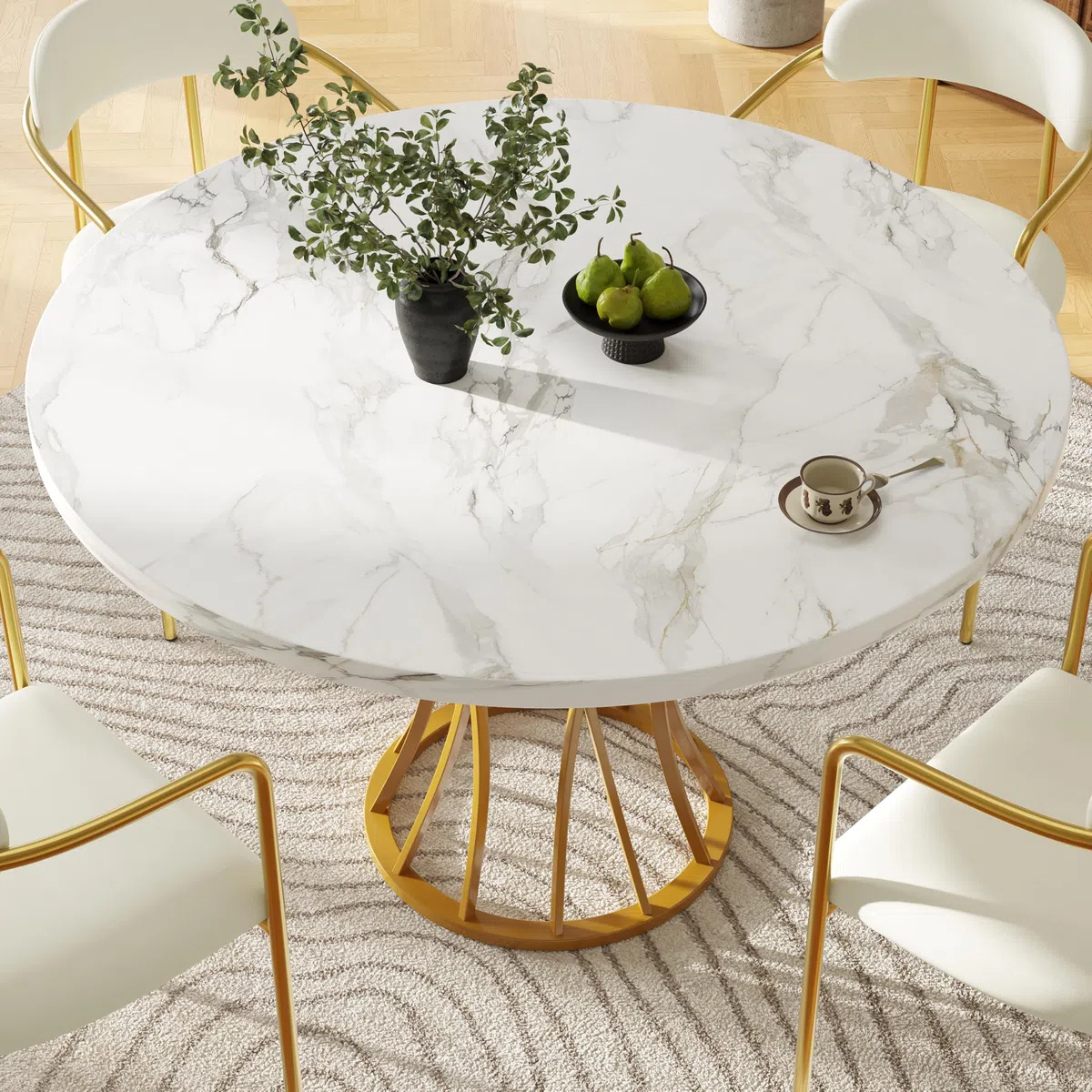 Merax Tavolo da pranzo rotondo 80 x 80 cm, bianco marmo, tavolo da pranzo per 2-4 persone, telaio in metallo, gambe regolabili, design industriale, adatto per ristoranti, soggiorno, cucina, sala da