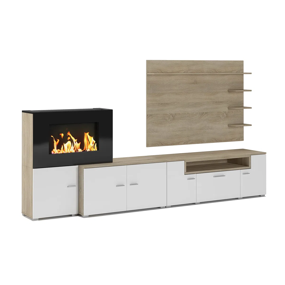 Skraut Home - Mobile da Soggiorno con Camino Elettrico a 5 Livelli di Fiamme, Colore Rovere Chiaro Spazzolato e Bianco Opaco, 290x170x45 cm