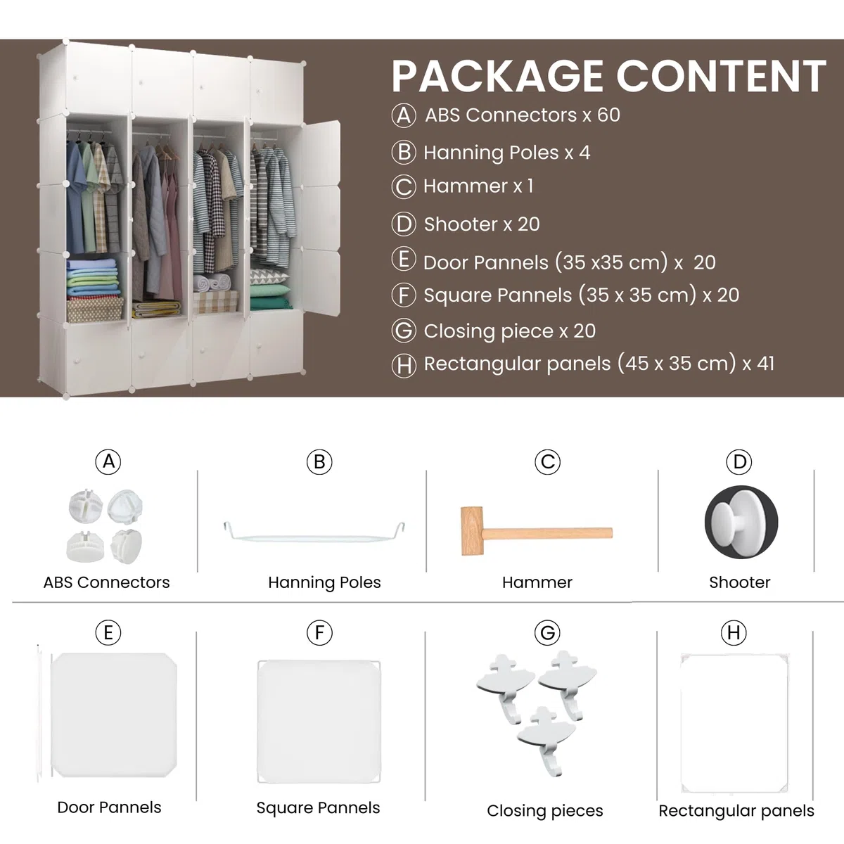 MAGIC SELECT Armadio modulare, Scaffalatura Modulare, Armadio Organizzatore Modulare per Abiti per la Casa, Ripiano Portaoggetti per Camera da Letto, 20 Moduli, 4 Barre, 175x140 cm, Bianco