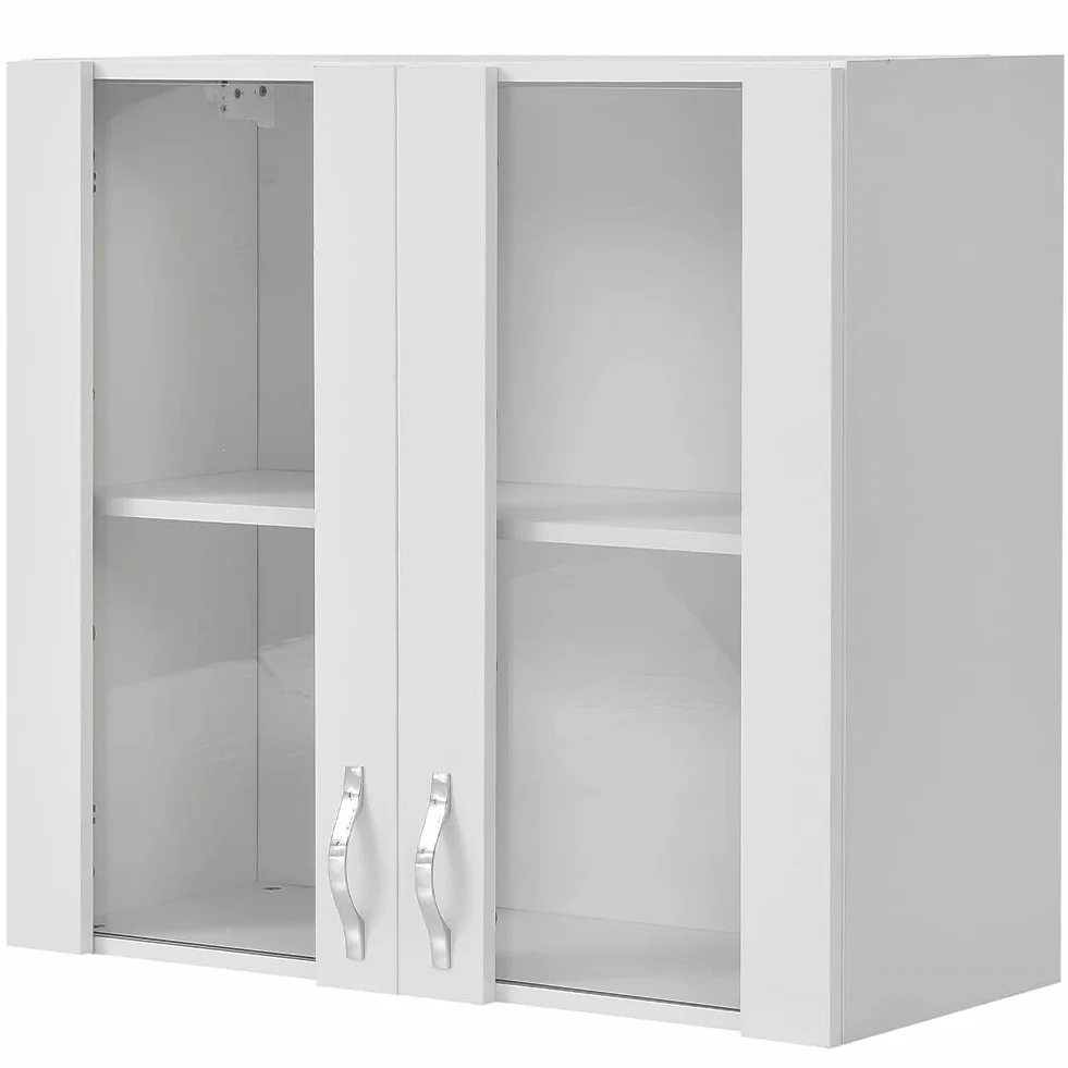 Shally Dogan Credenza, Pensile da Cucina con Vetro, Armadio Sospeso da Parete Vetrato in Legno Due Ante 1 Ripiano 2 Scomparti, Armadietto Spazioso Resistente, Dim. 80 x 32 x 72H cm (Bianco)