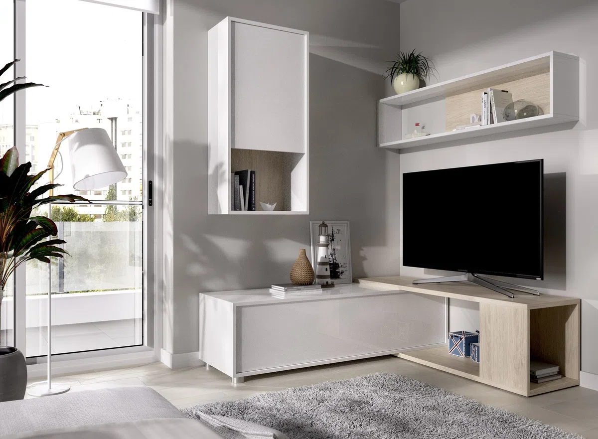 Parete attrezzata porta Tv 230 cm Luna Bianco lucido e Rovere Naturale - Bianco e Naturale