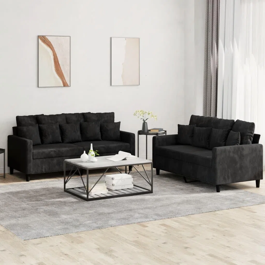 Rantry Set di Divani 2 pz con Cuscini Nero in Velluto, Set Divano Letto Sofà Soggiorno Divanoletto, Set Divano Moderno Divani per Esterno da Giardino, Esterno Arredamento Model3201705
