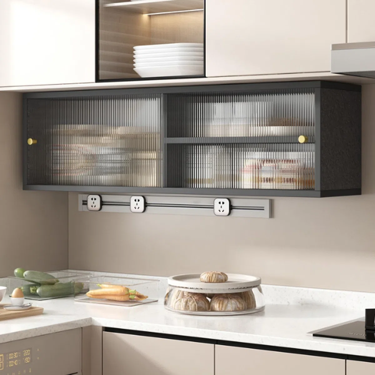 Vetrina a parete in vetro,piccolo mobiletto da cucina in legno massello，Mobili da cucina sotto il ripiano porta spezie, pensile con anta scorrevole in vetro, libreria portaoggetti in legno massello pe