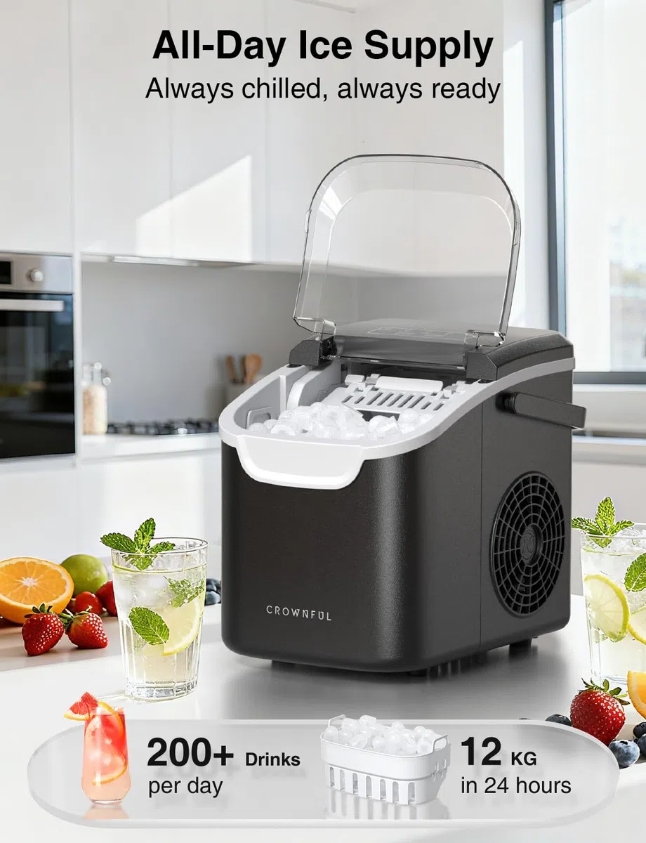 CROWNFUL Macchina per Ghiaccio Portatile, 8 Cubetti in 6 Minuti, Produttore di Ghiaccio Autopulente, 12 kg/24h, per Casa, Cucina, Ufficio, Bar e Feste (Nero)