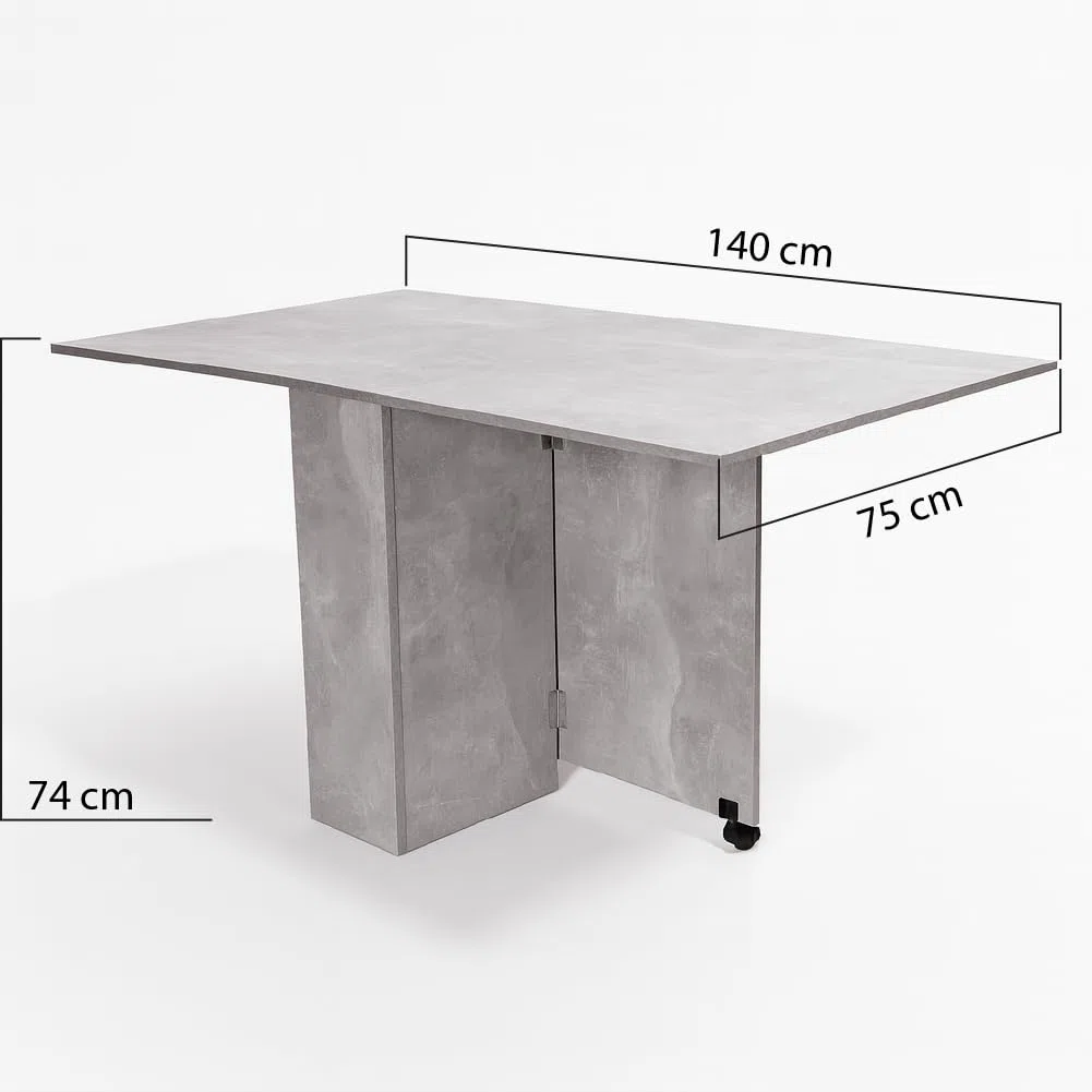 BAKAJI Tavolo da Pranzo Salvaspazio Cemento, Scrivania Pieghevole Richiudibile Allungabile con Libreria 2 Scomparti Ripiani a Scomparsa e Ruote, Design Multiuso Moderno 140 x 75 x 74 cm