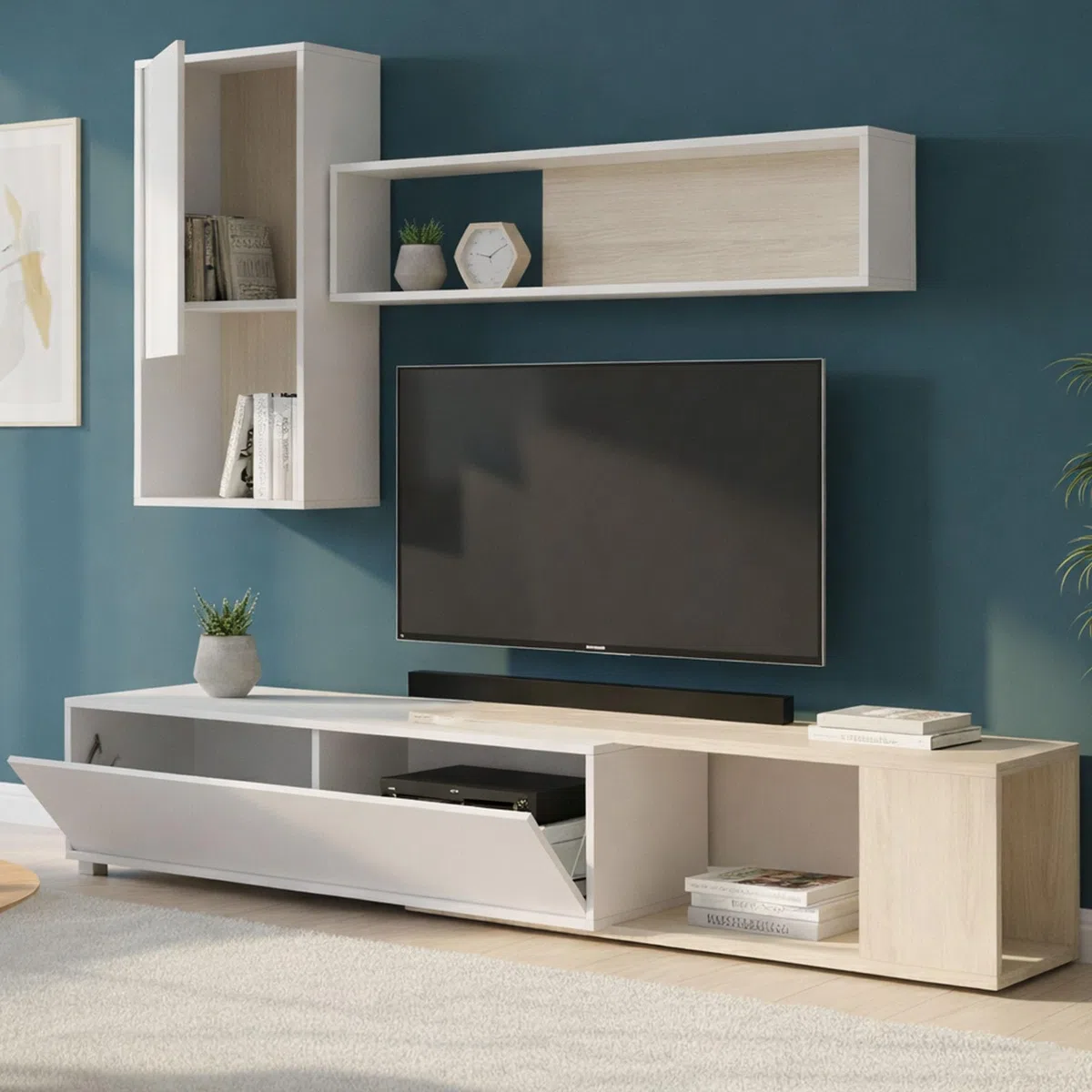 Dmora Parete Attrezzata Legnone 41x230x180h cm Bianco Lucido 4 Ripiani Modulabile, Apertura Battente e Push Pull