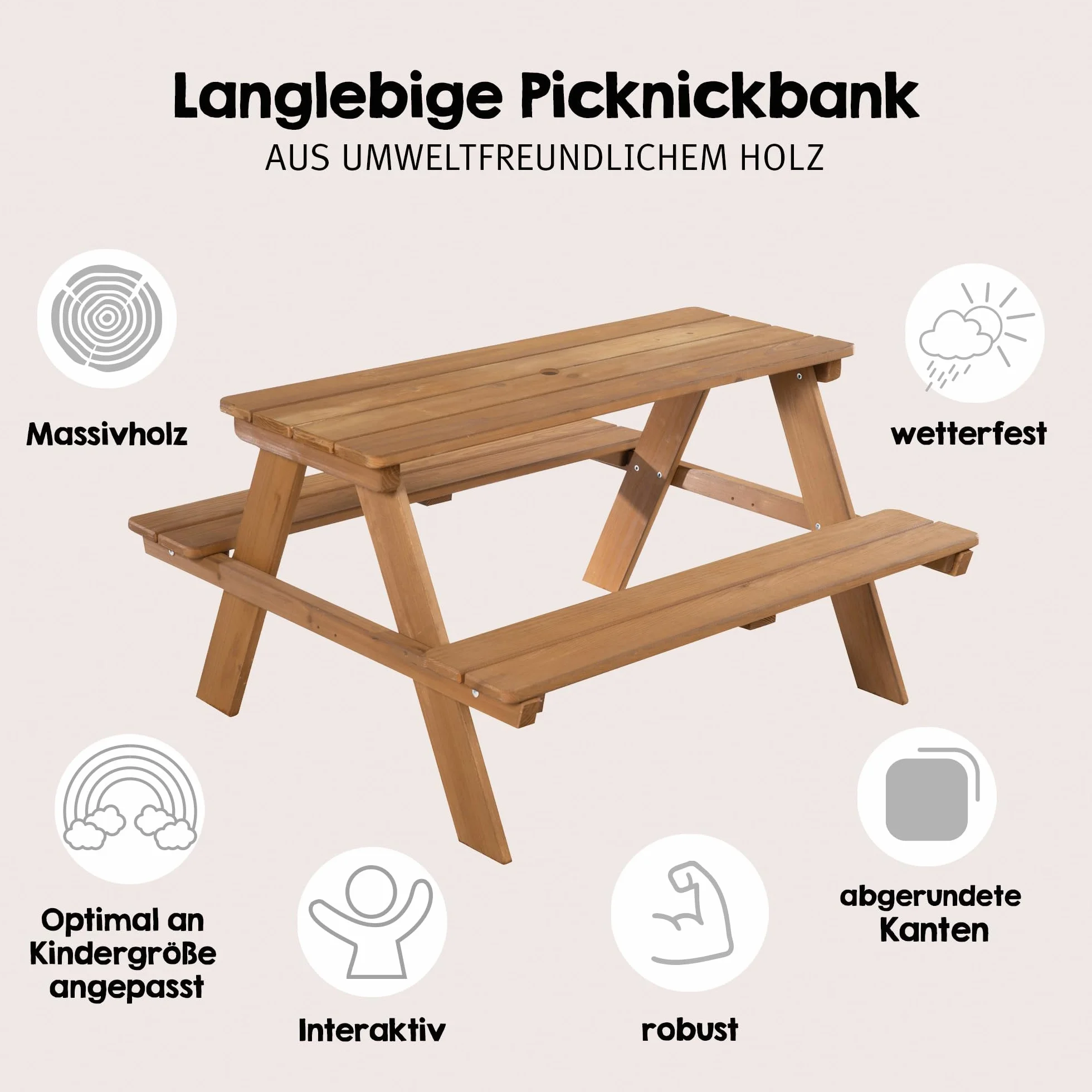 roba Panca con Tavolo per Bambini Picnic - da Esterno - per Giardino - Resistente alle Intemperie - 4 Posti - per Campeggio - Regalo Compleanno, Natale, Pasqua - Legno Massello – Marrone