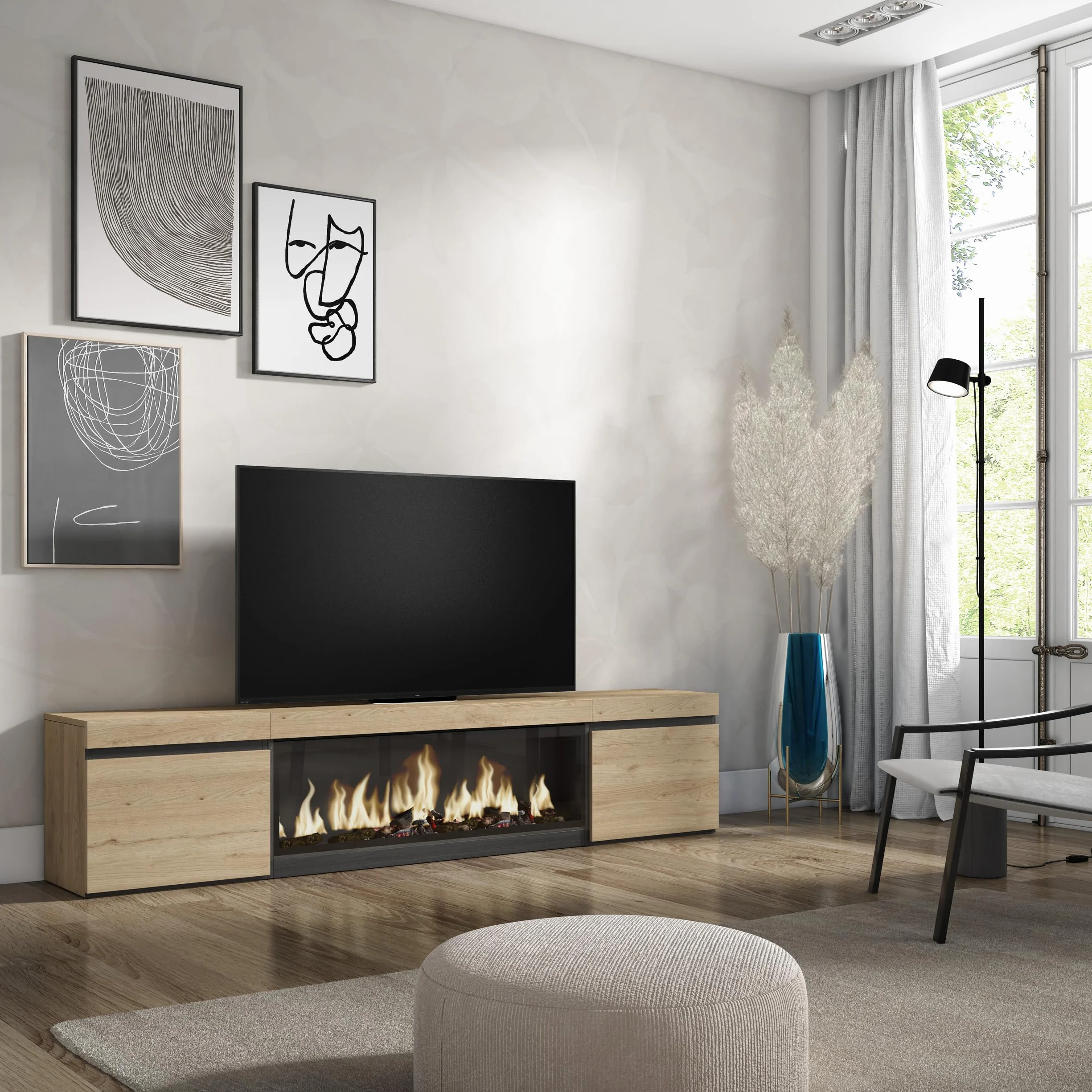 Skraut Home | Mobile TV Soggiorno | Ampio spazio a disposizione | 210 | Per TV fino a 80" | Camino elettrico XXL | Stile moderno | Rovere