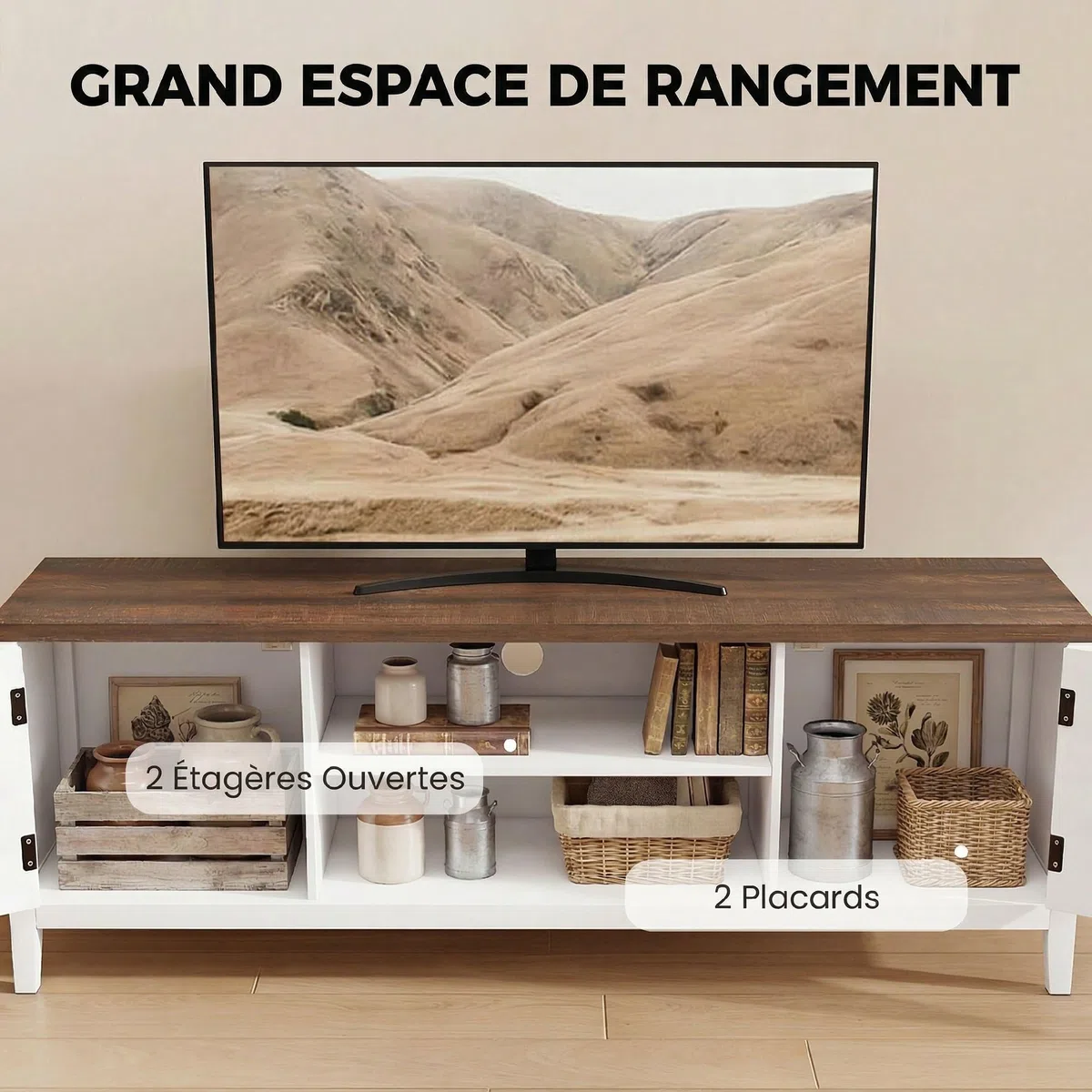 HOMCOM Mobile TV da 140 cm, Mobile TV per TV fino a 42 pollici con 2 ante 2 scomparti aperti, stile rustico, Panca TV per soggiorno, camera da letto, bianco e marrone