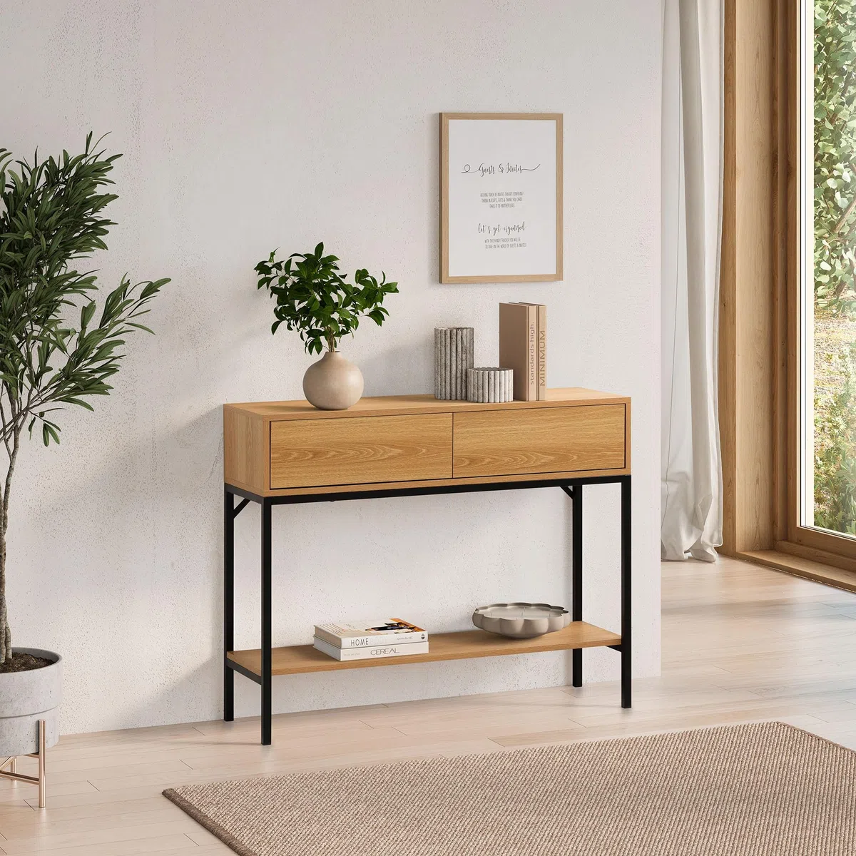 HOMN LIVING Consolle da ingresso Auri con 2 cassetti, colore rovere, 100 cm (larghezza) 30 cm (profondità) 80 cm (altezza)