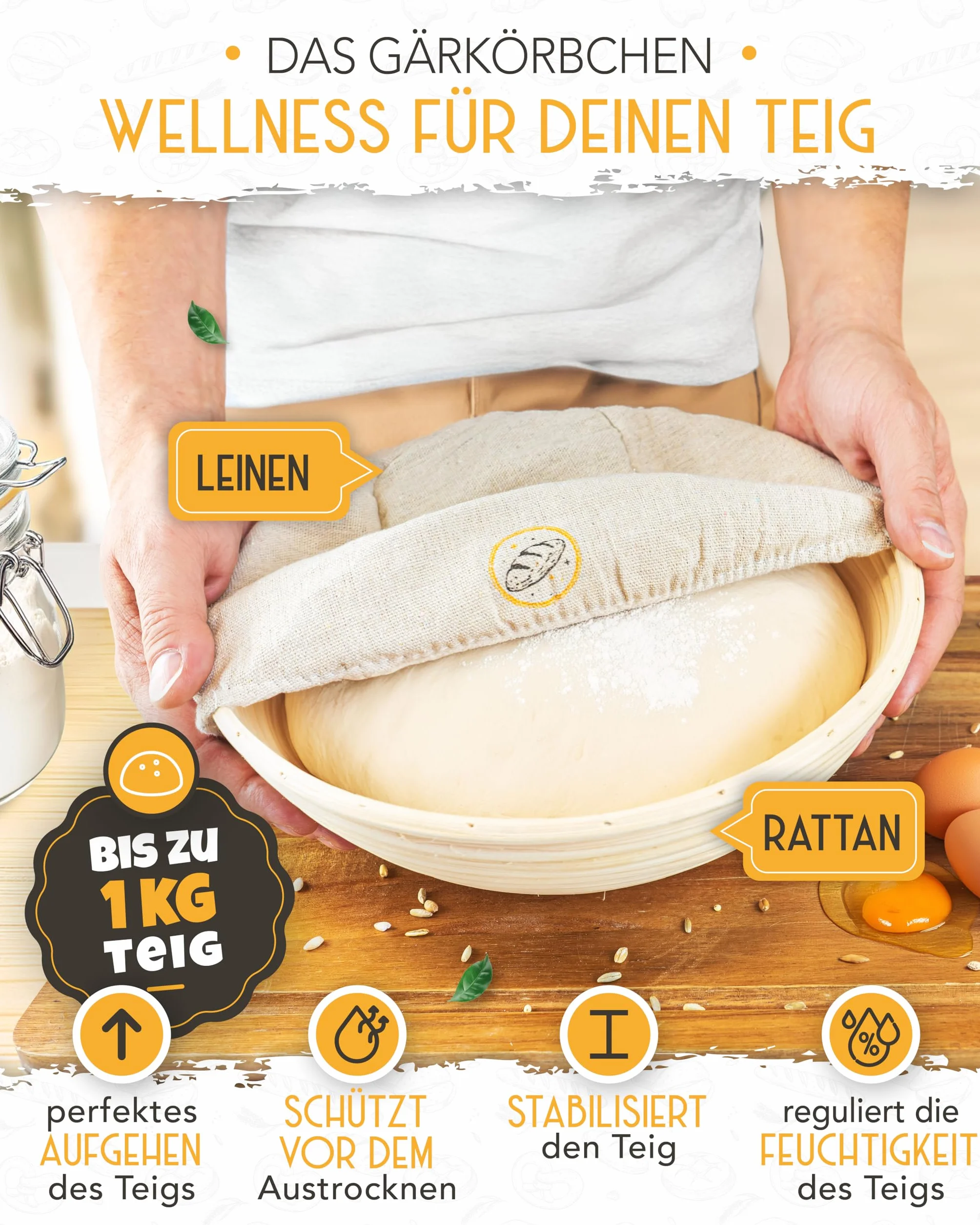 KRUSTENZAUBER Set XXL per pane in ghisa – Stampo per pane con coperchio con cestino per lievitazione, frusta, coltello da forno, raschietto per pasta, ciotola per pane e molto altro ancora – Set