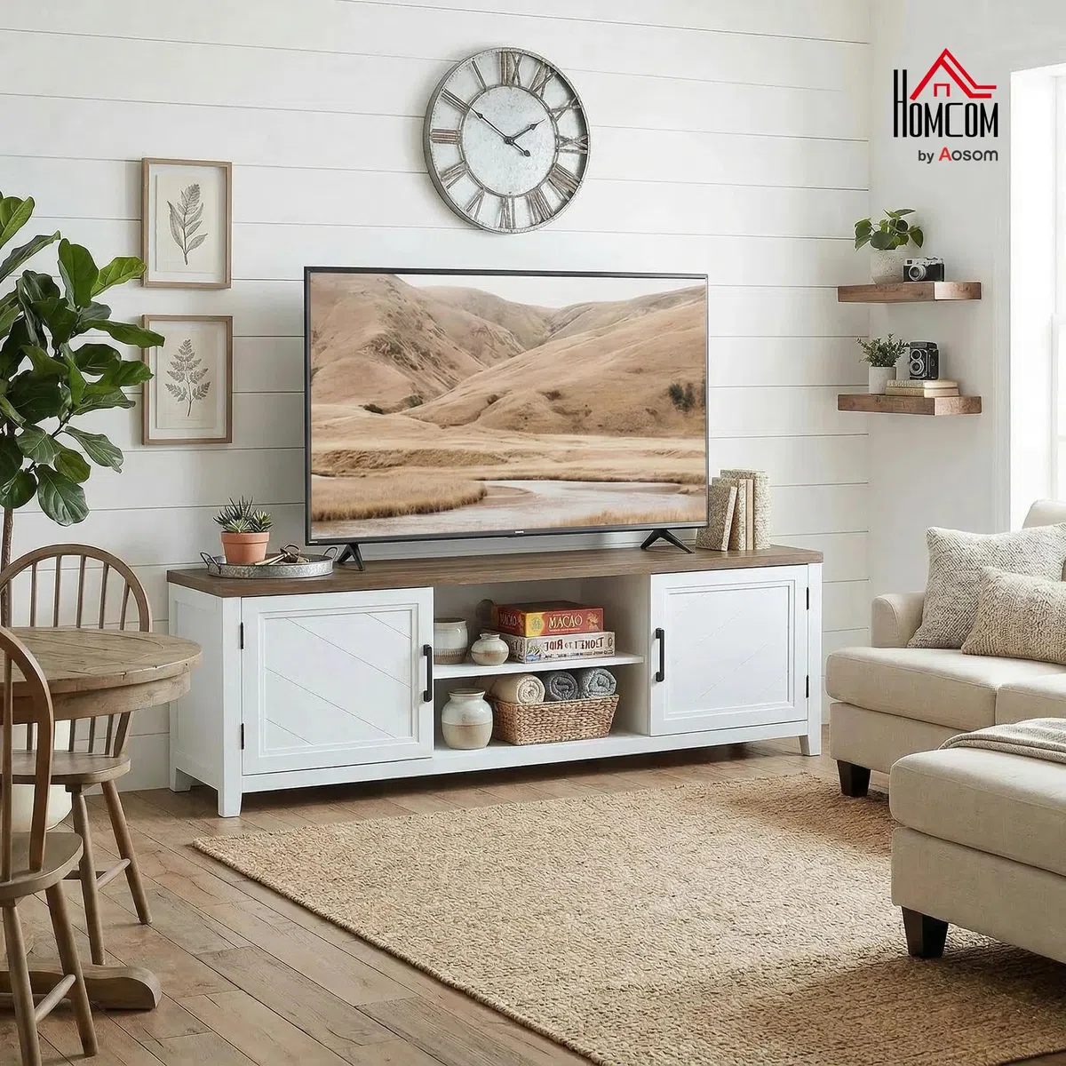 HOMCOM Mobile TV da 140 cm, Mobile TV per TV fino a 42 pollici con 2 ante 2 scomparti aperti, stile rustico, Panca TV per soggiorno, camera da letto, bianco e marrone