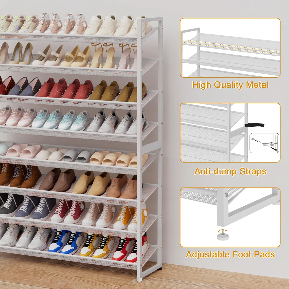 Grande scarpiera organizer per scarpe, in metallo resistente, impilabile, verticale, per armadio, porta d'ingresso, fino a 50-62 paia (bianco, 8 ripiani)