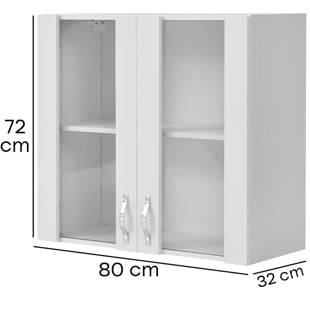 Shally Dogan Credenza, Pensile da Cucina con Vetro, Armadio Sospeso da Parete Vetrato in Legno Due Ante 1 Ripiano 2 Scomparti, Armadietto Spazioso Resistente, Dim. 80 x 32 x 72H cm (Bianco)