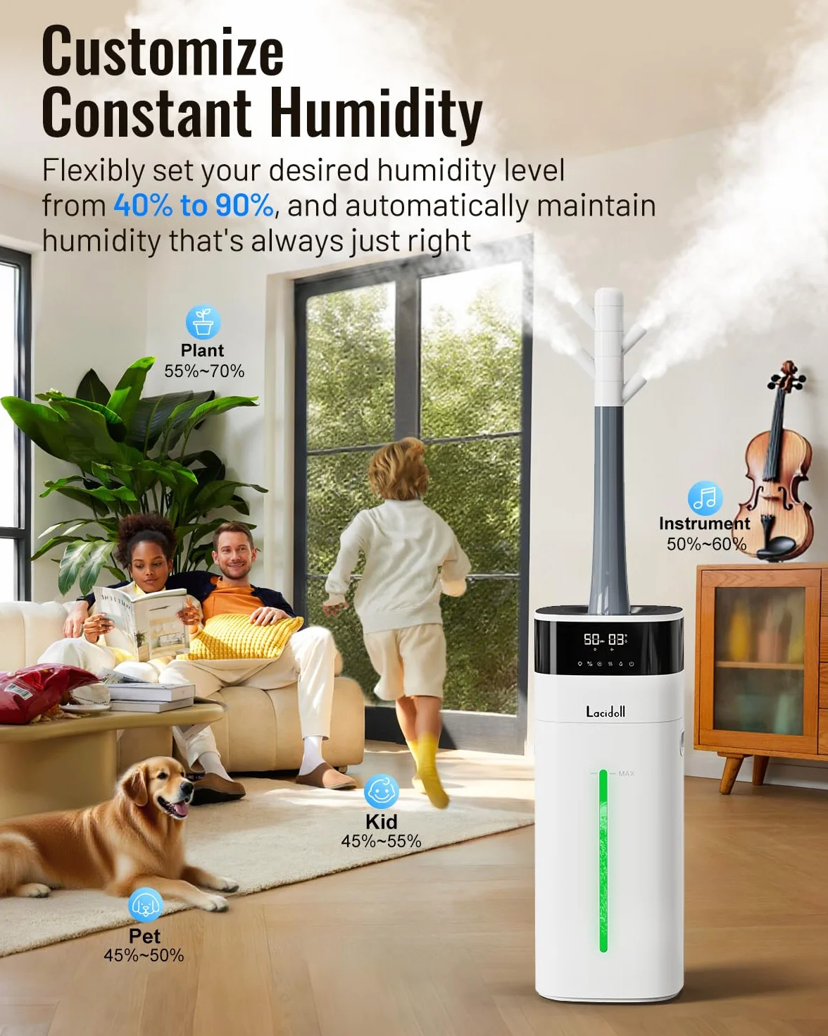 Umidificatore grande stanza, 5,3 Gal/20L Umidificatori a nebbia fredda e calda per la casa 3000 piedi quadrati, umidificatori per tutta la casa con diffusore e tubo esteso, umidificatori di