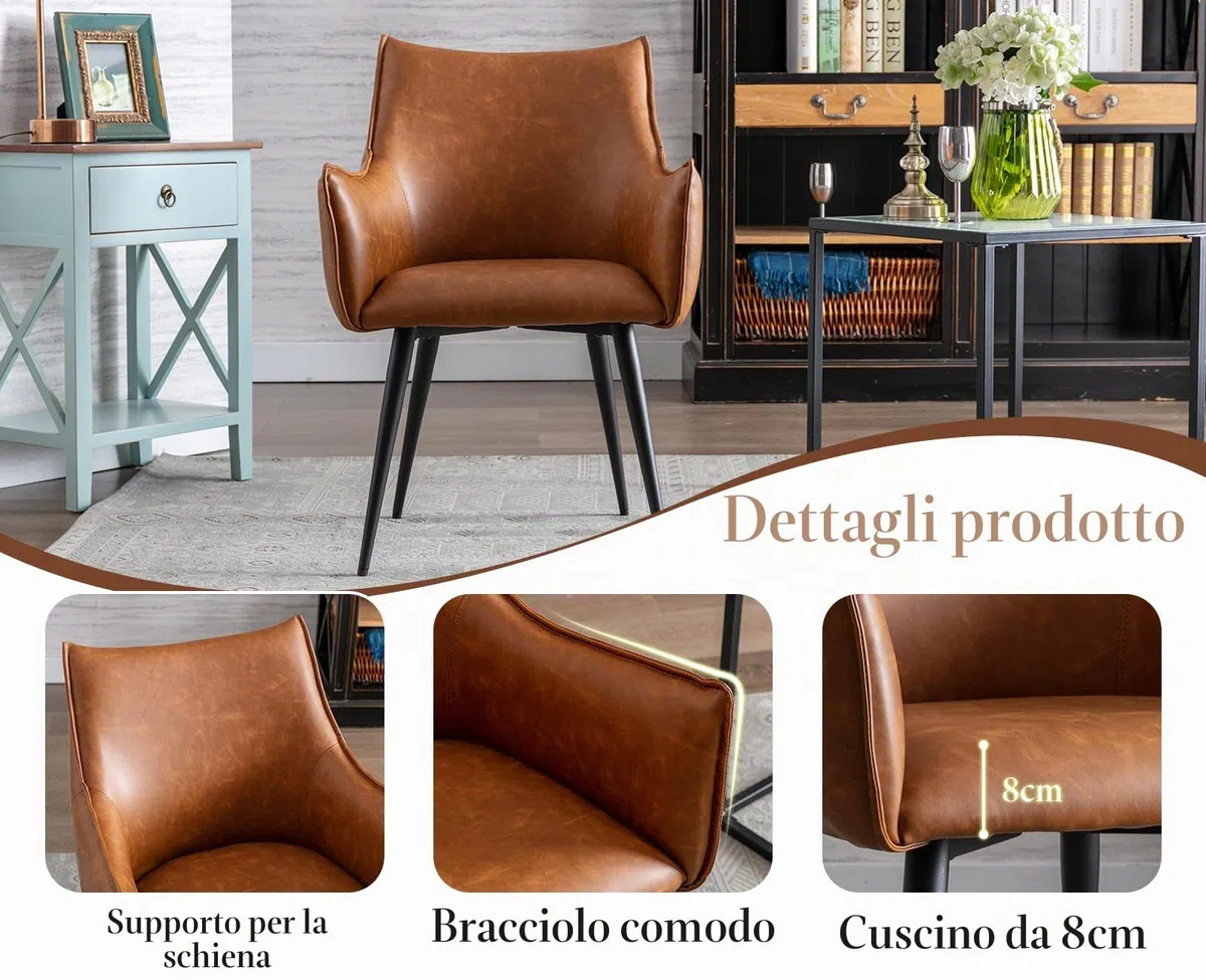chairus Poltrona Lounge in Pelle PU Poltroncina Salotto con Gambe in Metallo Sedia Imbottita per Casa Ufficio Soggiorno (Marrone)