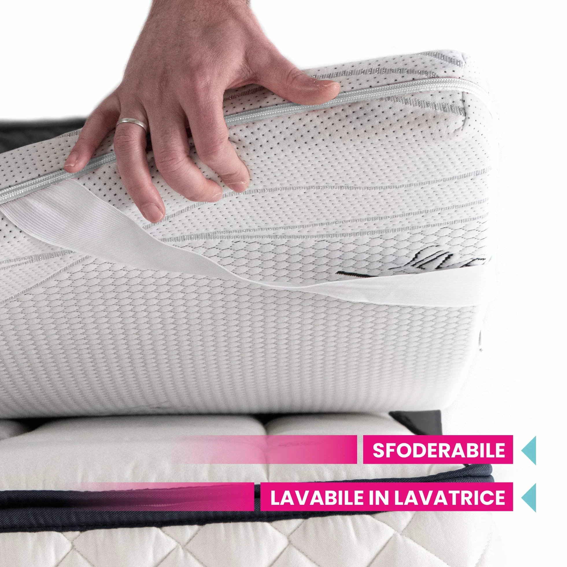 GEEMMA s.r.l. Topper matrimoniale, topper MOLTO RIGIDO 160x200, correttore ortopedico CAUCCIU FOAM H6, Sovra materasso DISPOSITIVO MEDICO DETRAIBILE, tessuto sfoderabile 4 lati in filo in ARGENTO