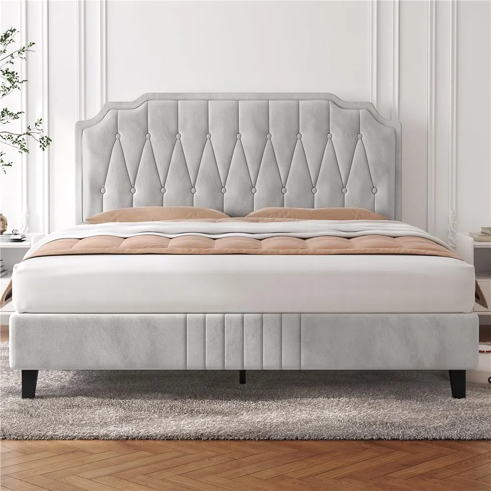 Yaheetech Letto con Testiera Imbottita 160 x 200 cm Altezza Regolabile Rete a Doghe in Legno e Metallo Beige
