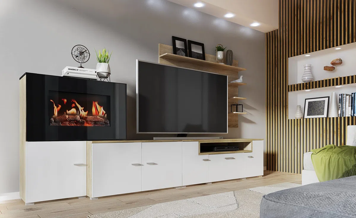 Skraut Home - Mobile da Soggiorno con Camino Elettrico a 5 Livelli di Fiamme, Colore Rovere Chiaro Spazzolato e Bianco Opaco, 290x170x45 cm