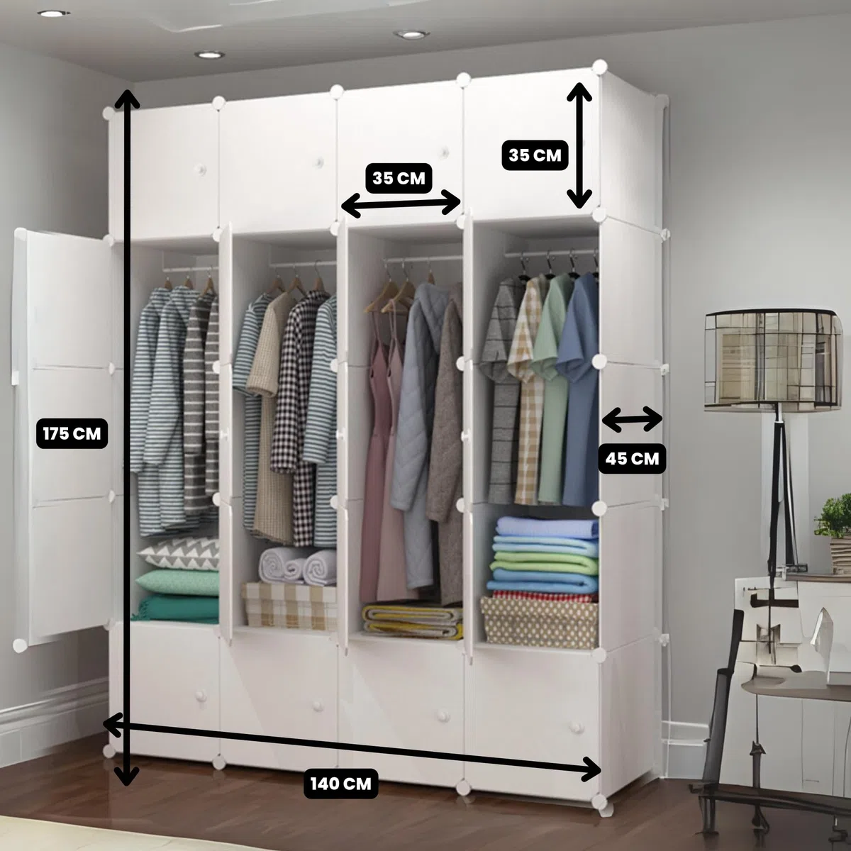 MAGIC SELECT Armadio modulare, Scaffalatura Modulare, Armadio Organizzatore Modulare per Abiti per la Casa, Ripiano Portaoggetti per Camera da Letto, 20 Moduli, 4 Barre, 175x140 cm, Bianco