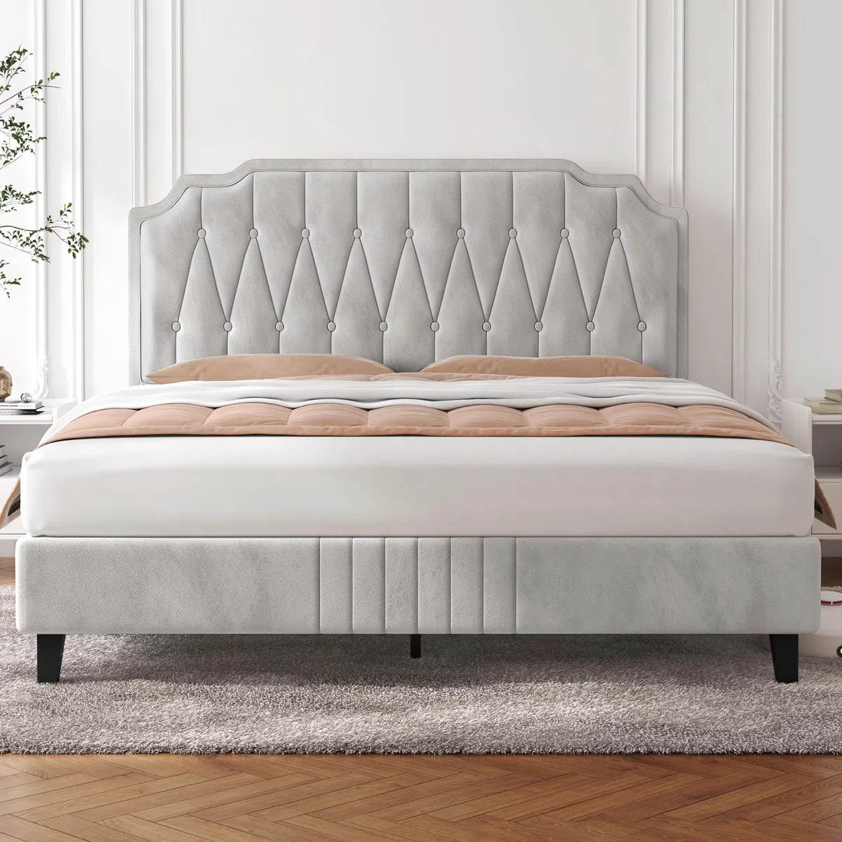 Yaheetech Letto con Testiera Imbottita 160 x 200 cm Altezza Regolabile Rete a Doghe in Legno e Metallo Beige