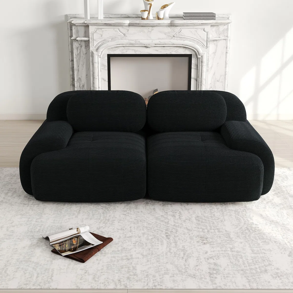 Divano Loveseat in tessuto di velluto modulare combinabile con braccioli curvi, fondo antiscivolo, imbottitura altamente elastica per soggiorno, camera da letto e home theater, colore nero