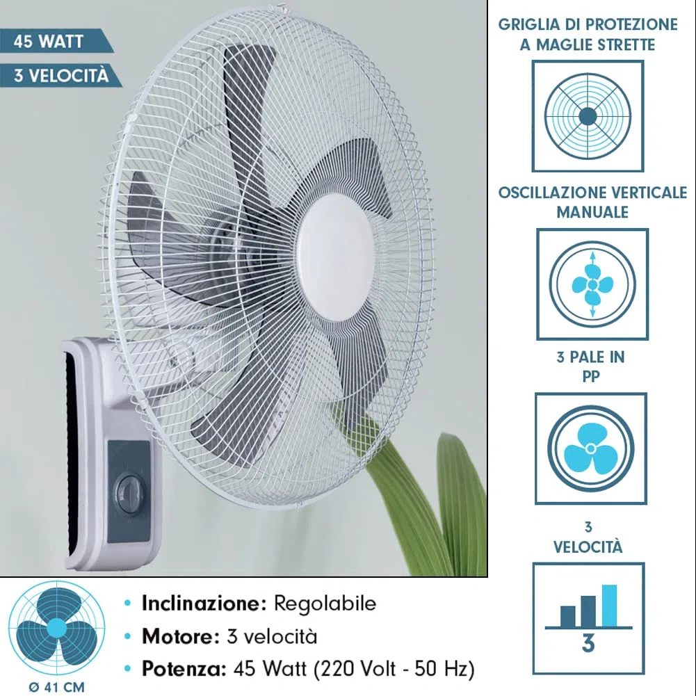 BAKAJI Ventilatore da Parete Potenza 45 Watt, Diametro 41 cm, 3 Velocità Selezionabili, Inclinazione Regolabile, Montaggio a Muro Stabile e Resistente, Ultra Silenzioso, Tensione 220 Volt - 50 Hz
