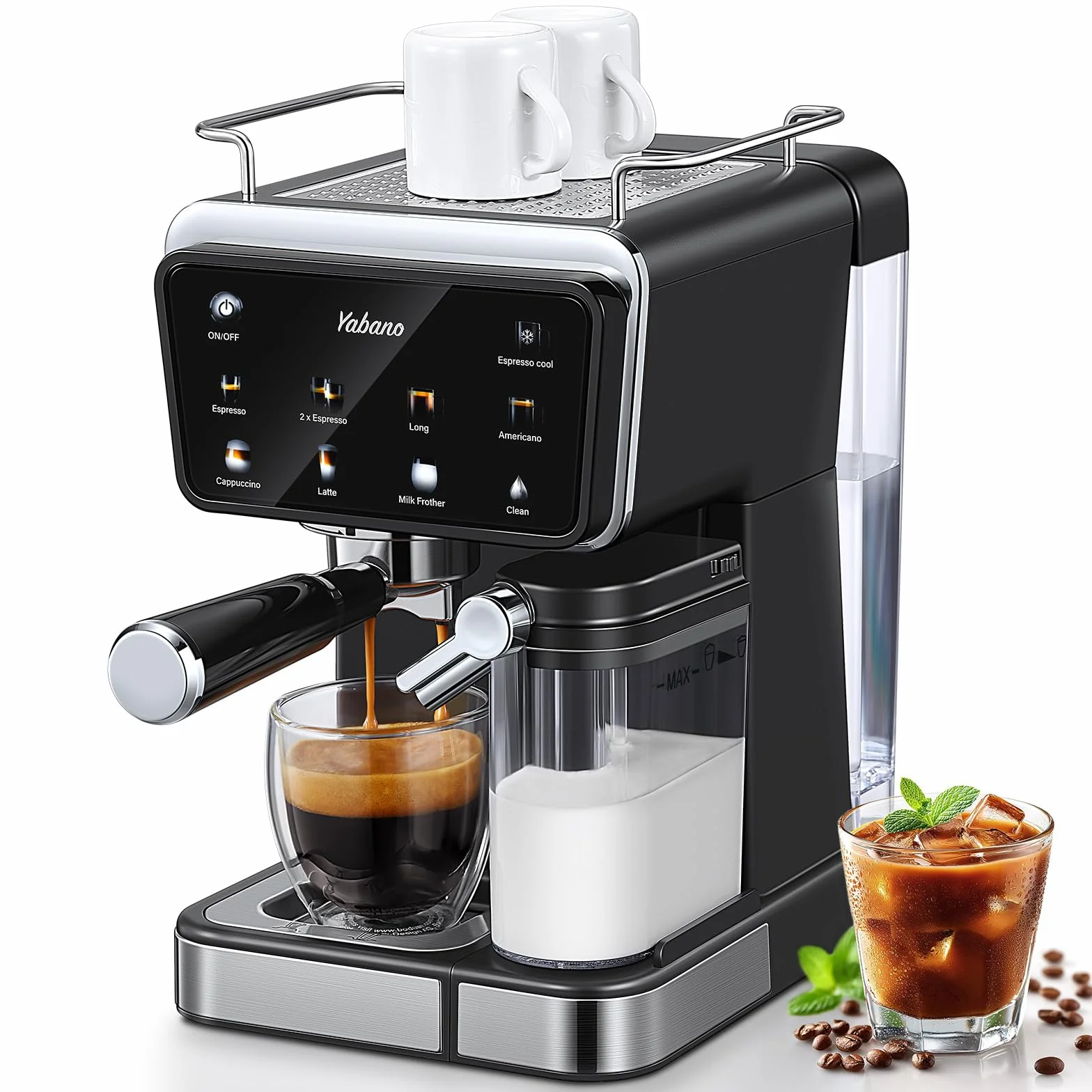 Yabano Macchina per caffè espresso, 20 bar, con montalatte automatico da 500 ml, 6 bevande, touch screen a colori, serbatoio dell'acqua da 1,5 l, caffettiera cappuccino e latte, 1350 W