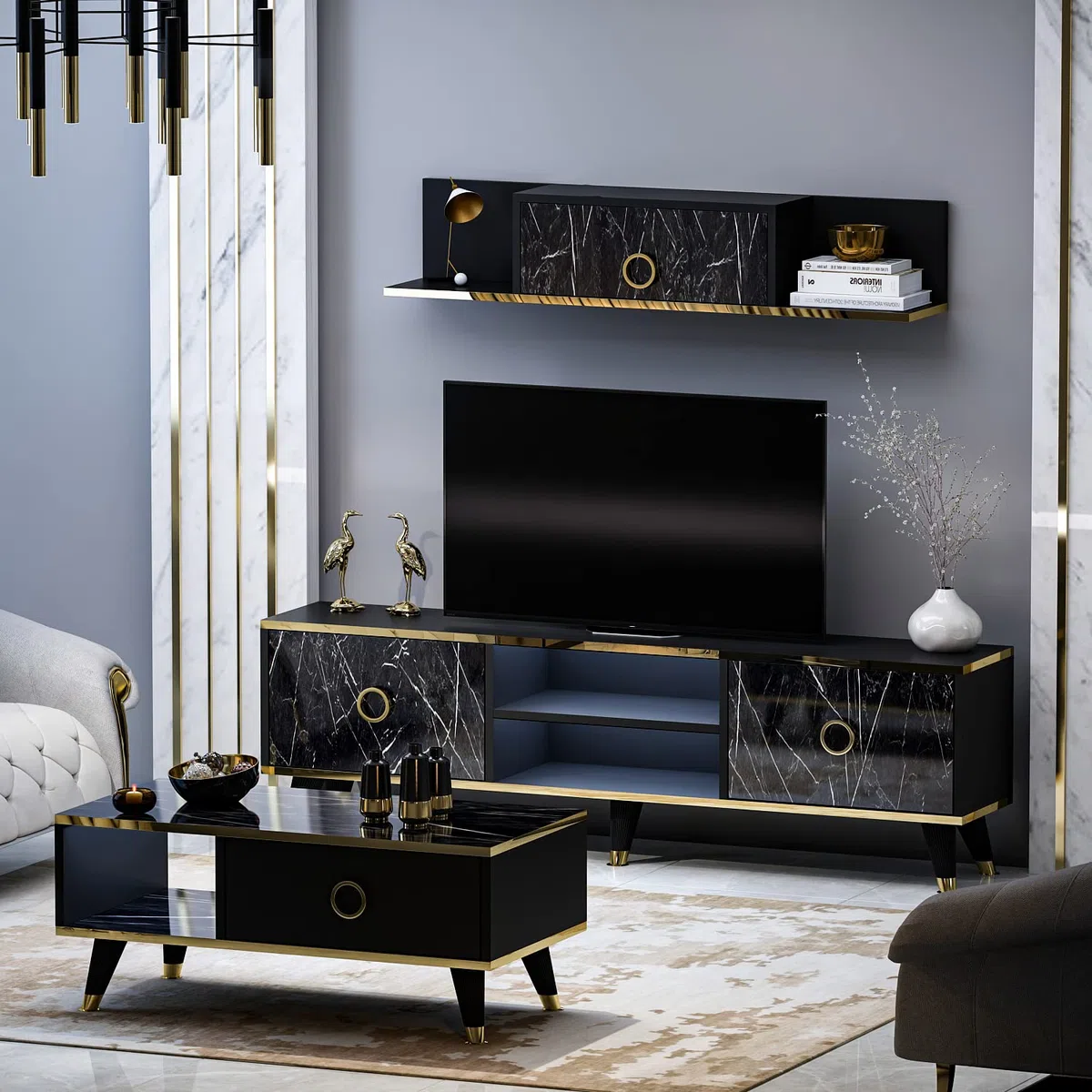 HOMIDEA SOPHIA Set Soggiorno - Parete Attrezzata - Mobile TV Porta con 2 Armadietti per Salotto con mensola da muro in Moderno Design (Nero)