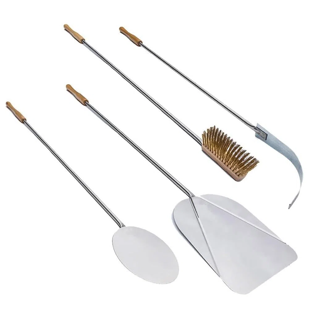 Paluplus Set 4 Pale Pizza in Alluminio Con Manici in Legno di Faggio, Lunghezza 120 cm - Kit Con Pala Rettangolare, Rotonda, Spazzola per Forno e Spargi Brace - Made in Italy