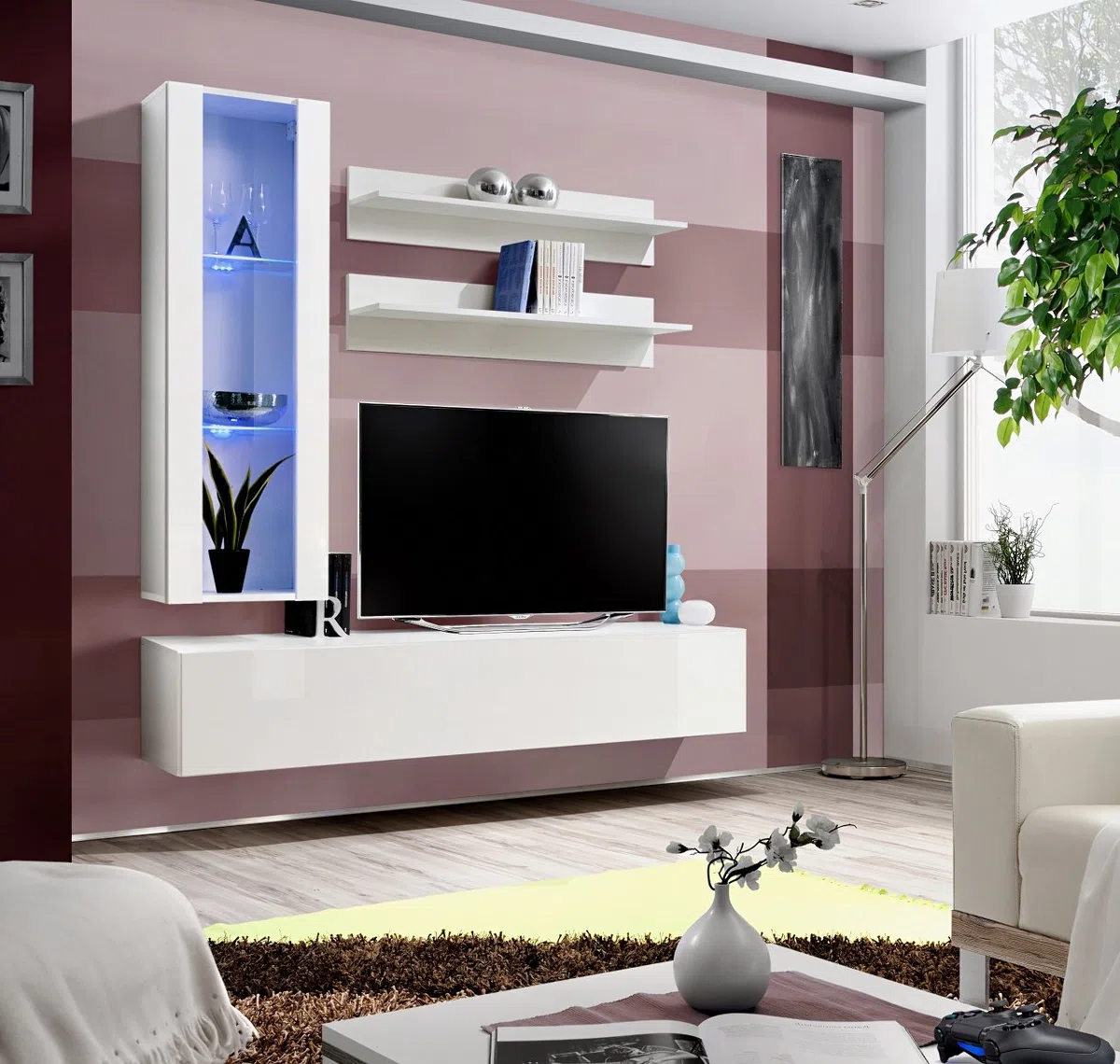 ARREDO DA CASA Parete Attrezzata Soggiorno Sospesa Dotata di 2 Mensole Mobile TV e 1 Vetrina con Luci LED Soggiorno Moderno Disponibile in 4 Combinazioni PAP100 (Bianco)