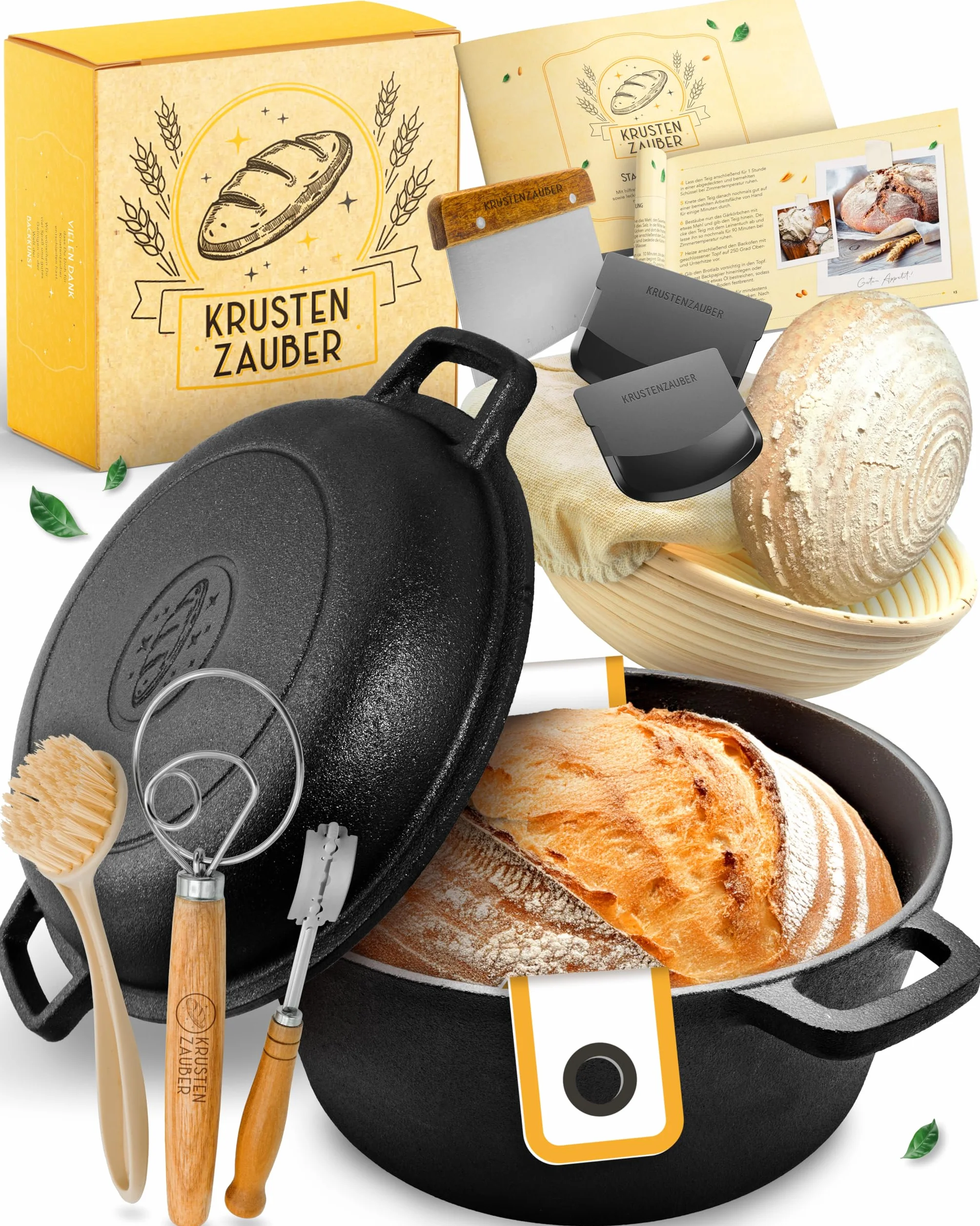 KRUSTENZAUBER Set XXL per pane in ghisa – Stampo per pane con coperchio con cestino per lievitazione, frusta, coltello da forno, raschietto per pasta, ciotola per pane e molto altro ancora – Set