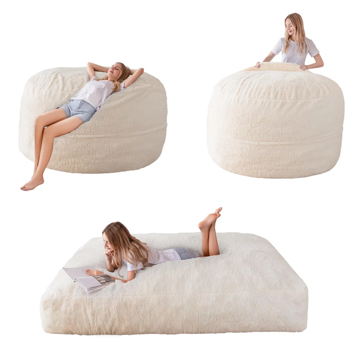 MAXYOYO Pouf-Letto - trasformabile da poltrona a sacco a letto - Divano in schiuma con rivestimento soffice e imbottitura soffice per adulti, adolescenti, ospiti (Beige, 150x200 cm)