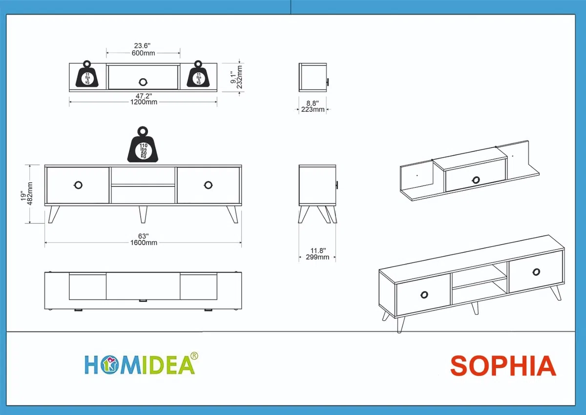 HOMIDEA SOPHIA Set Soggiorno - Parete Attrezzata - Mobile TV Porta con 2 Armadietti per Salotto con mensola da muro in Moderno Design (Nero)